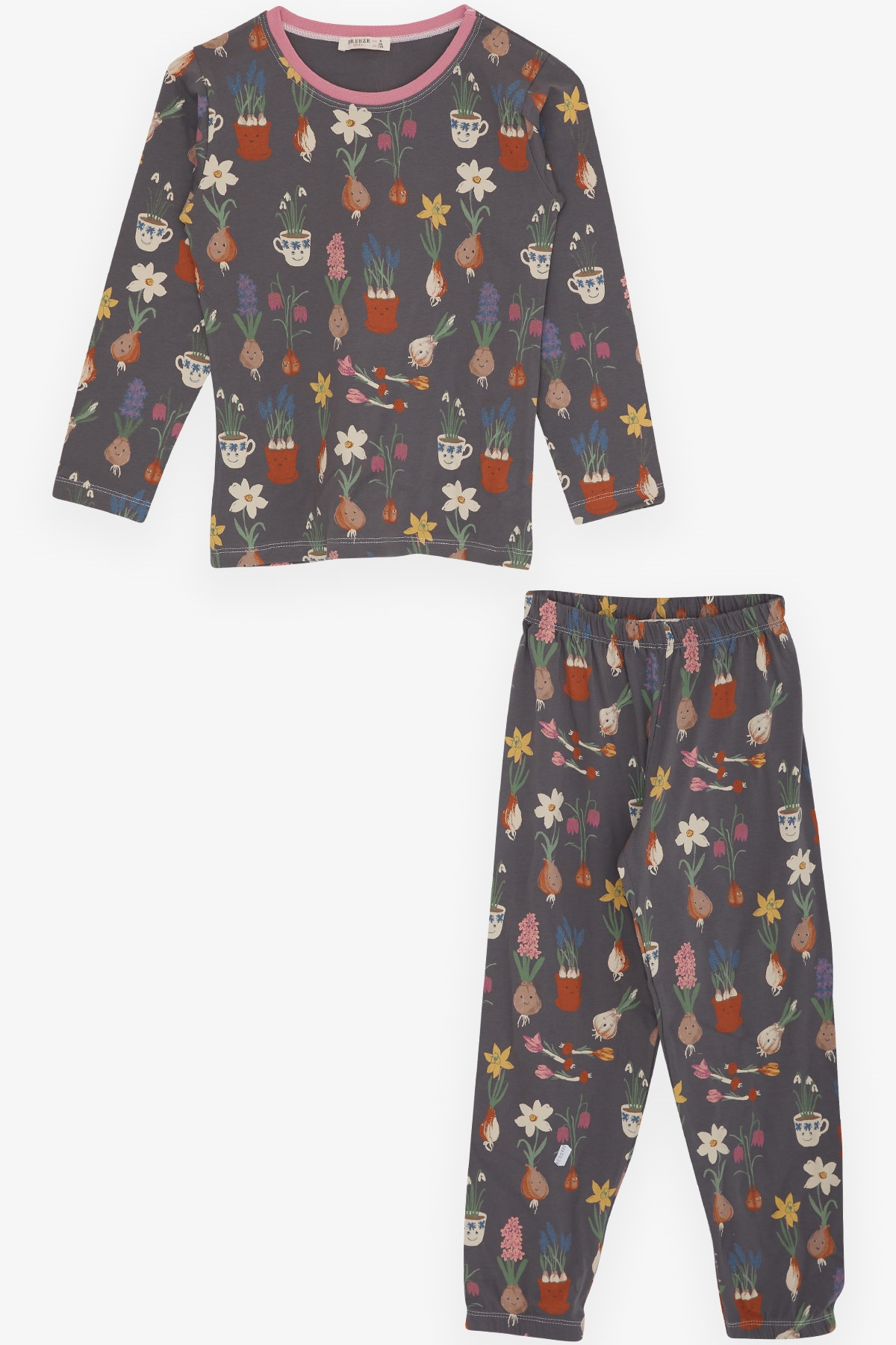 Breeze Kız Çocuk Pijama Takımı Sevimli Çiçekler Desenli Füme (4-8 Yaş)