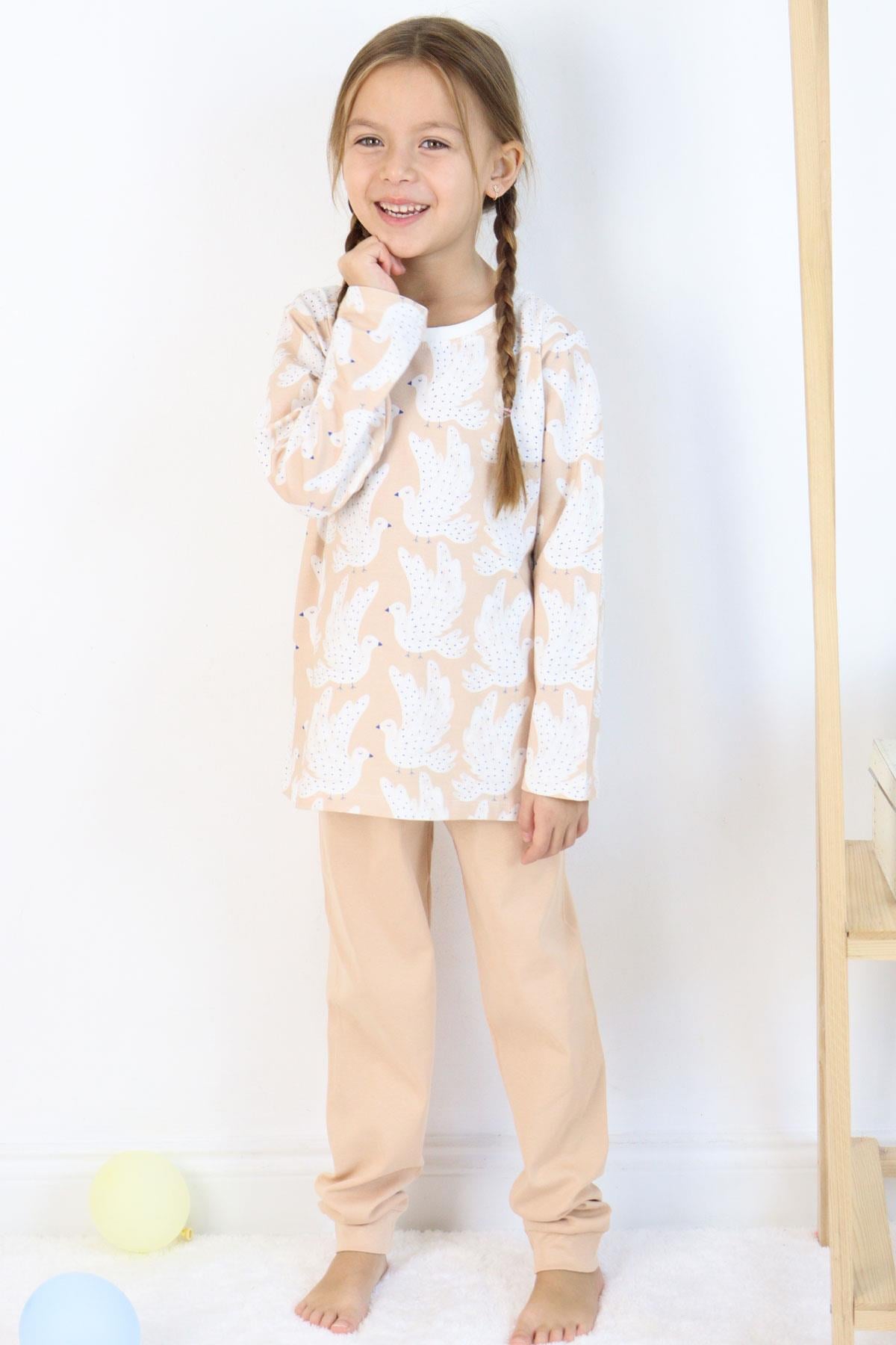 Breeze Kız Çocuk Pijama Takımı Sevimli Güvercin Desenli Bej (5-6 Yaş)
