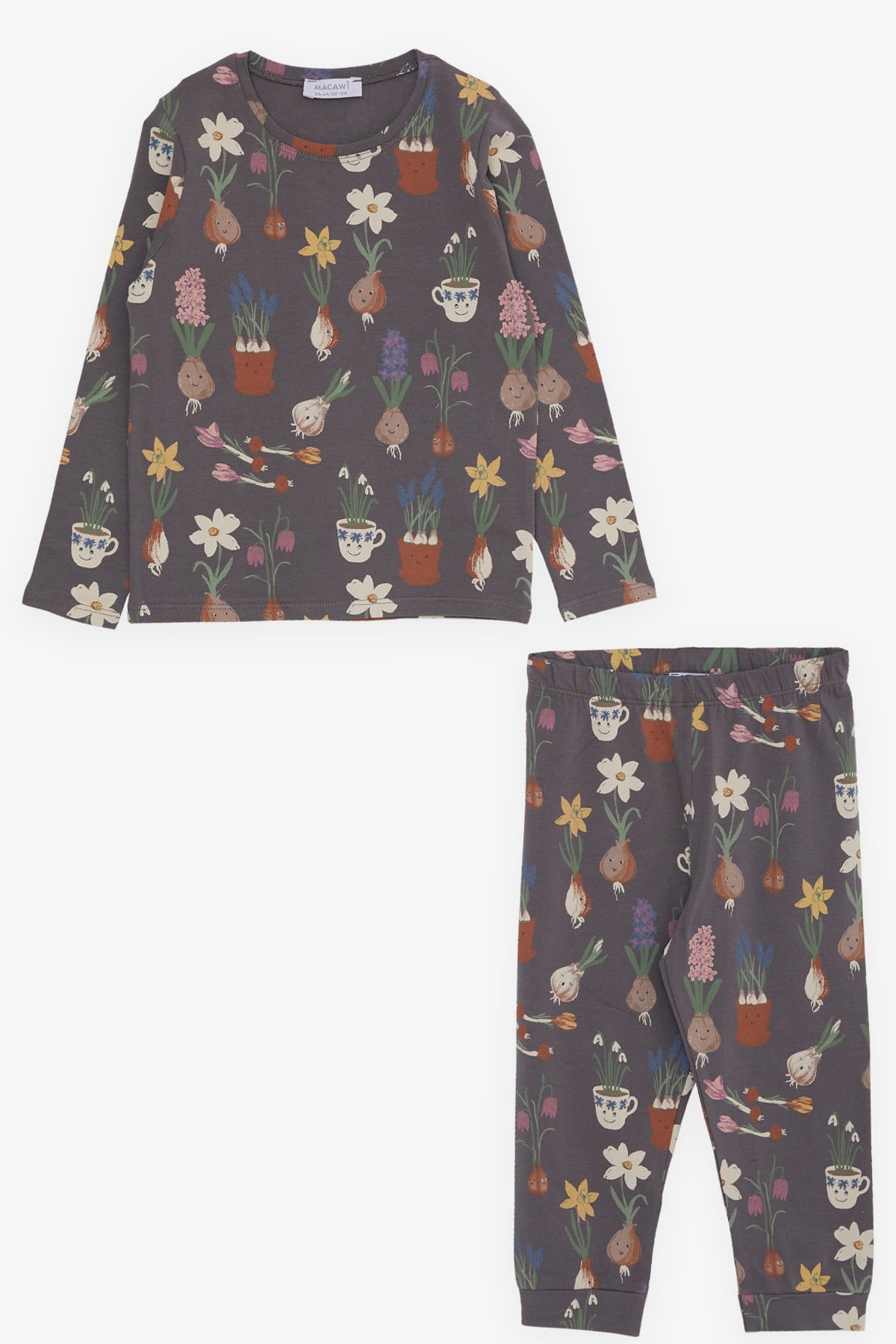 Breeze Kız Çocuk Pijama Takımı Sevimli Sebzeler Desenli Füme (3-7 Yaş)