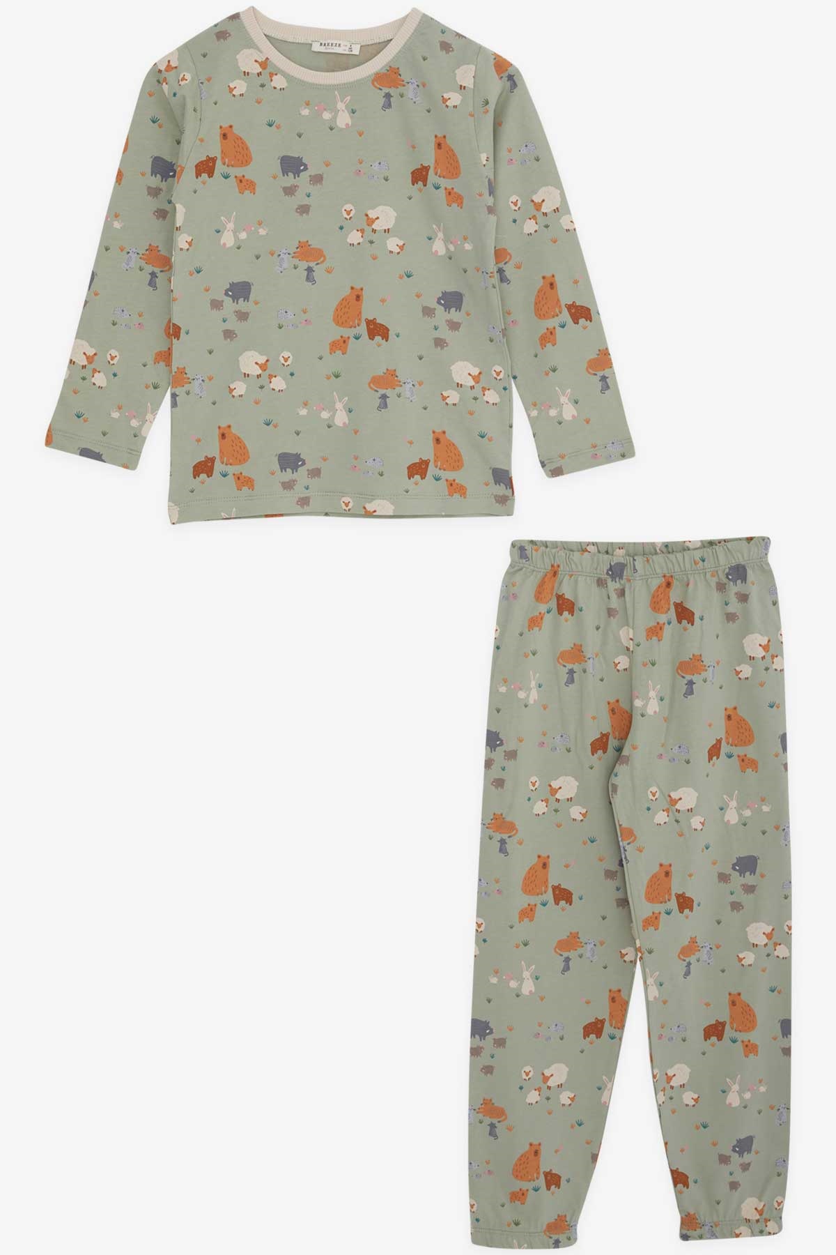 Breeze Kız Çocuk Pijama Takımı Sevimli Hayvanlar Desenli Mint Yeşili (4-8 Yaş)