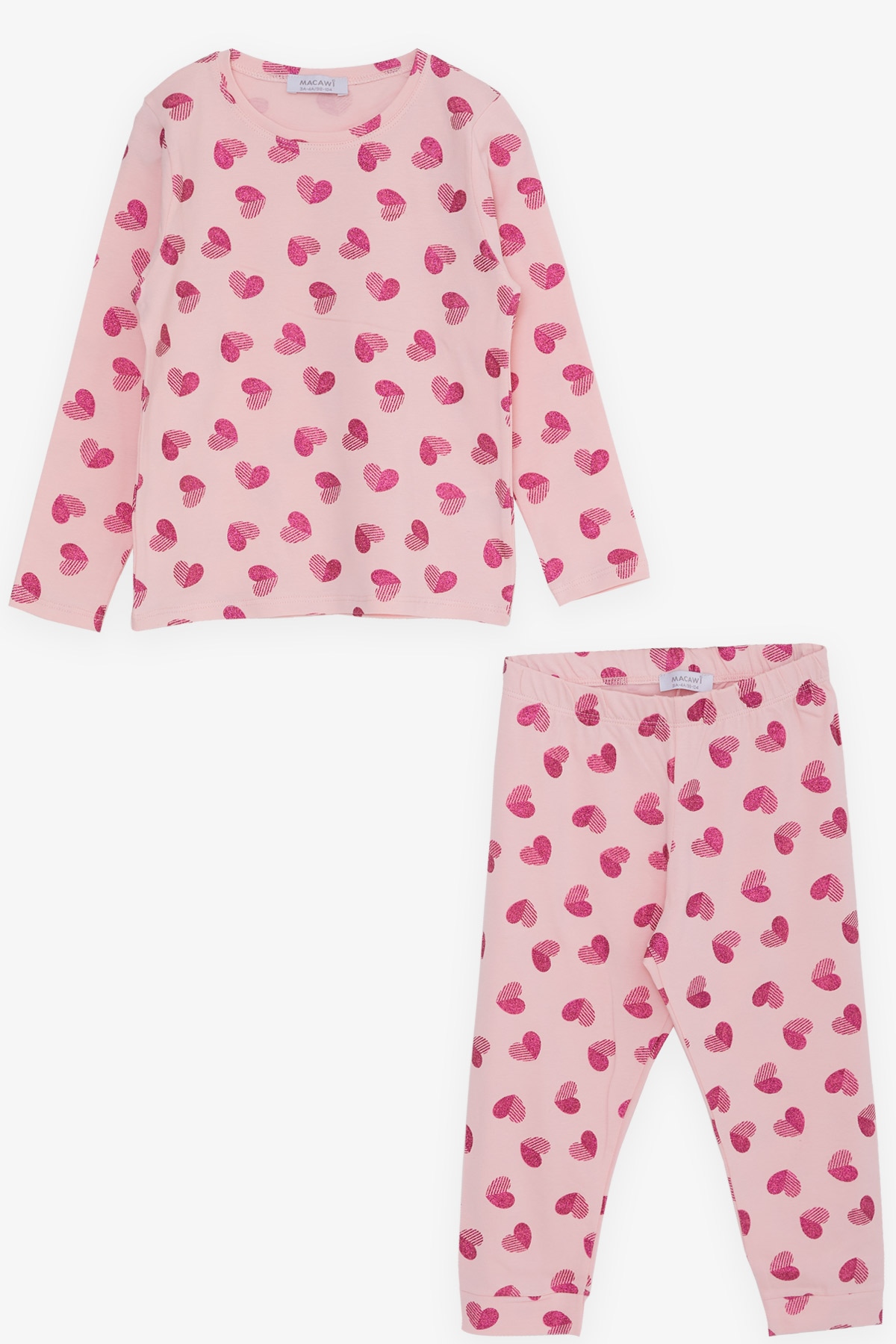 Breeze Kız Çocuk Pijama Takımı Simli Kalp Baskılı Pembe (3-7 Yaş)