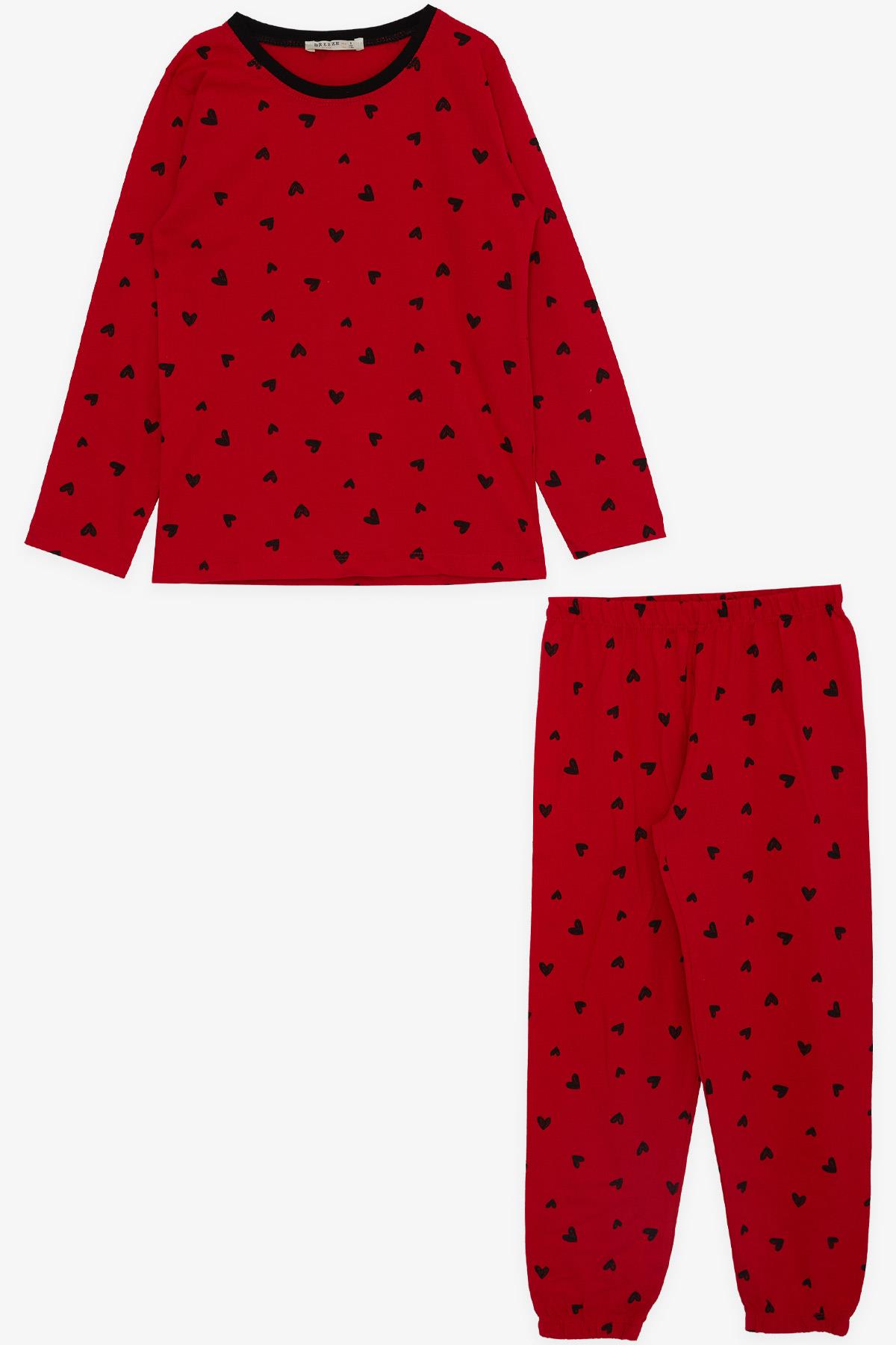 Breeze Kız Çocuk Pijama Takımı Siyah Kalp Desenli Kırmızı (4-8 Yaş)