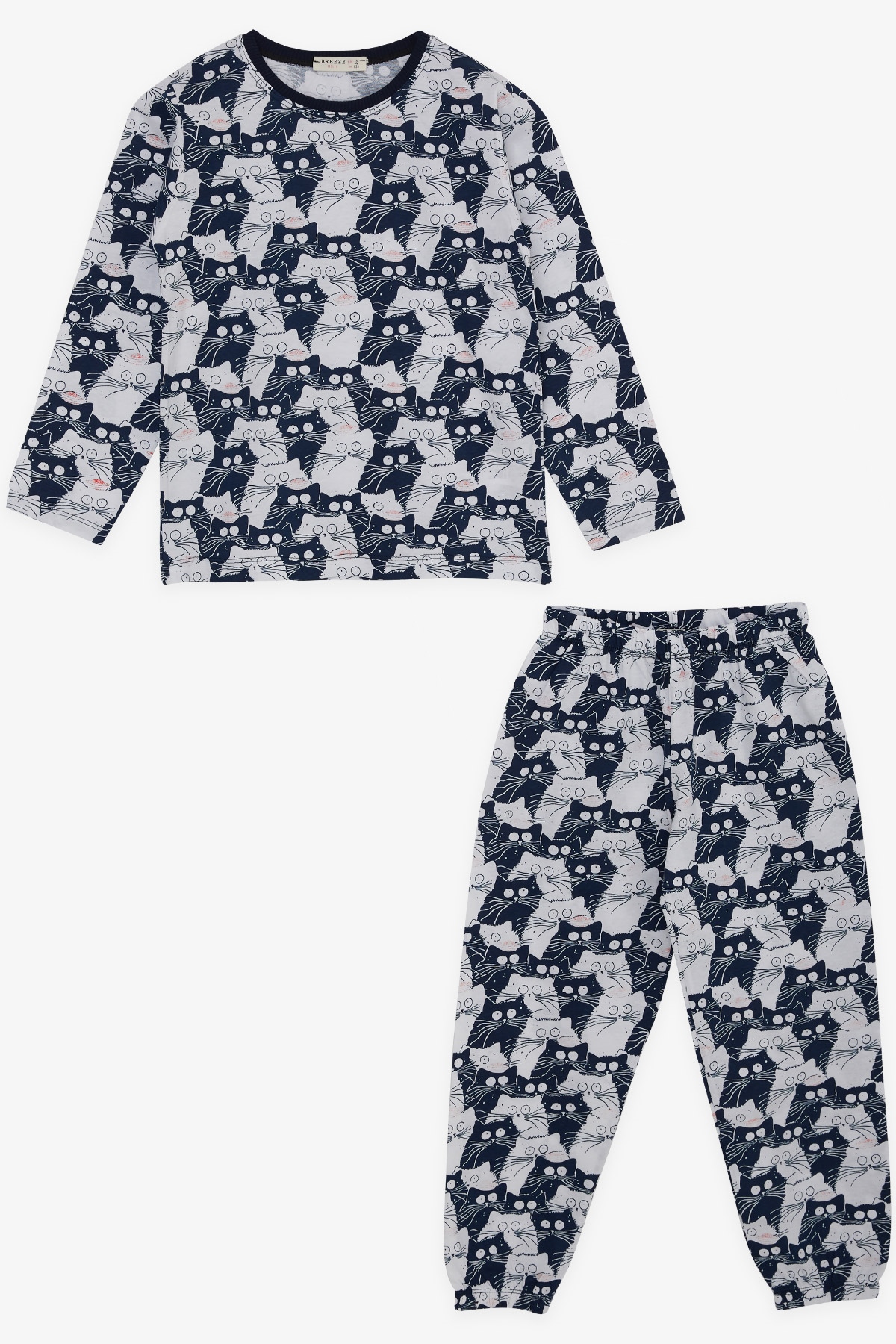 Breeze Kız Çocuk Pijama Takımı Tedirgin Kedicik Desenli Karışık Renk (4-8 Yaş)