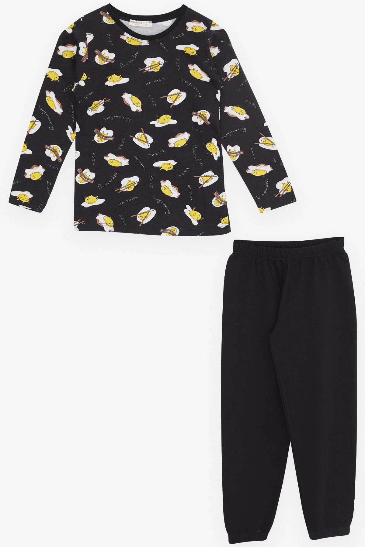 Breeze Kız Çocuk Pijama Takımı Tembel Yumurtacık Desenli Siyah (4-8 Yaş)