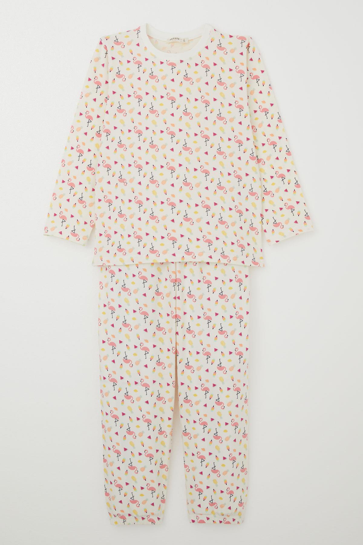 Breeze Kız Çocuk Pijama Takımı Tropikal Meyve & Flamingo Desenli Ekru (4-8 Yaş)