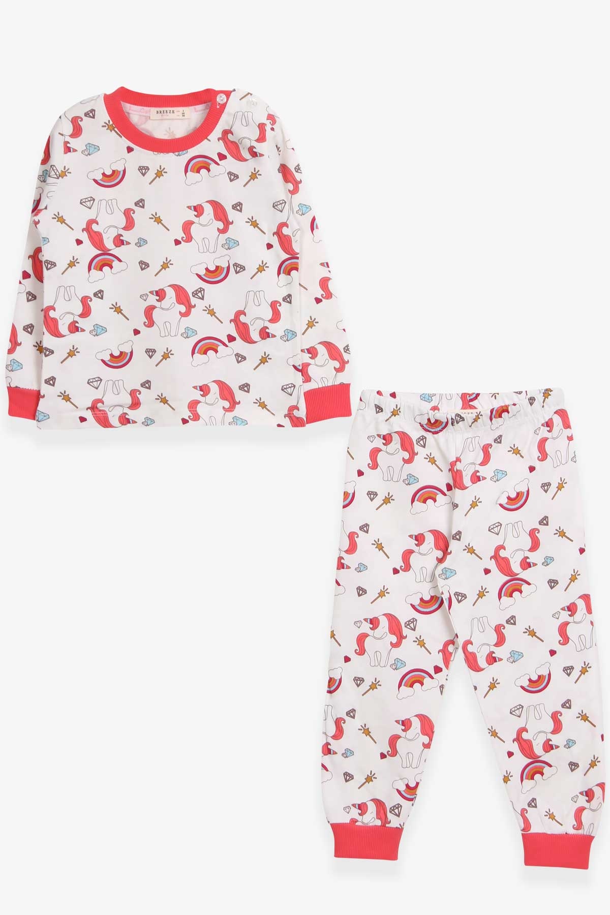 Breeze Kız Çocuk Pijama Takımı Unicorn Desenli Ekru (1.5-5 Yaş)