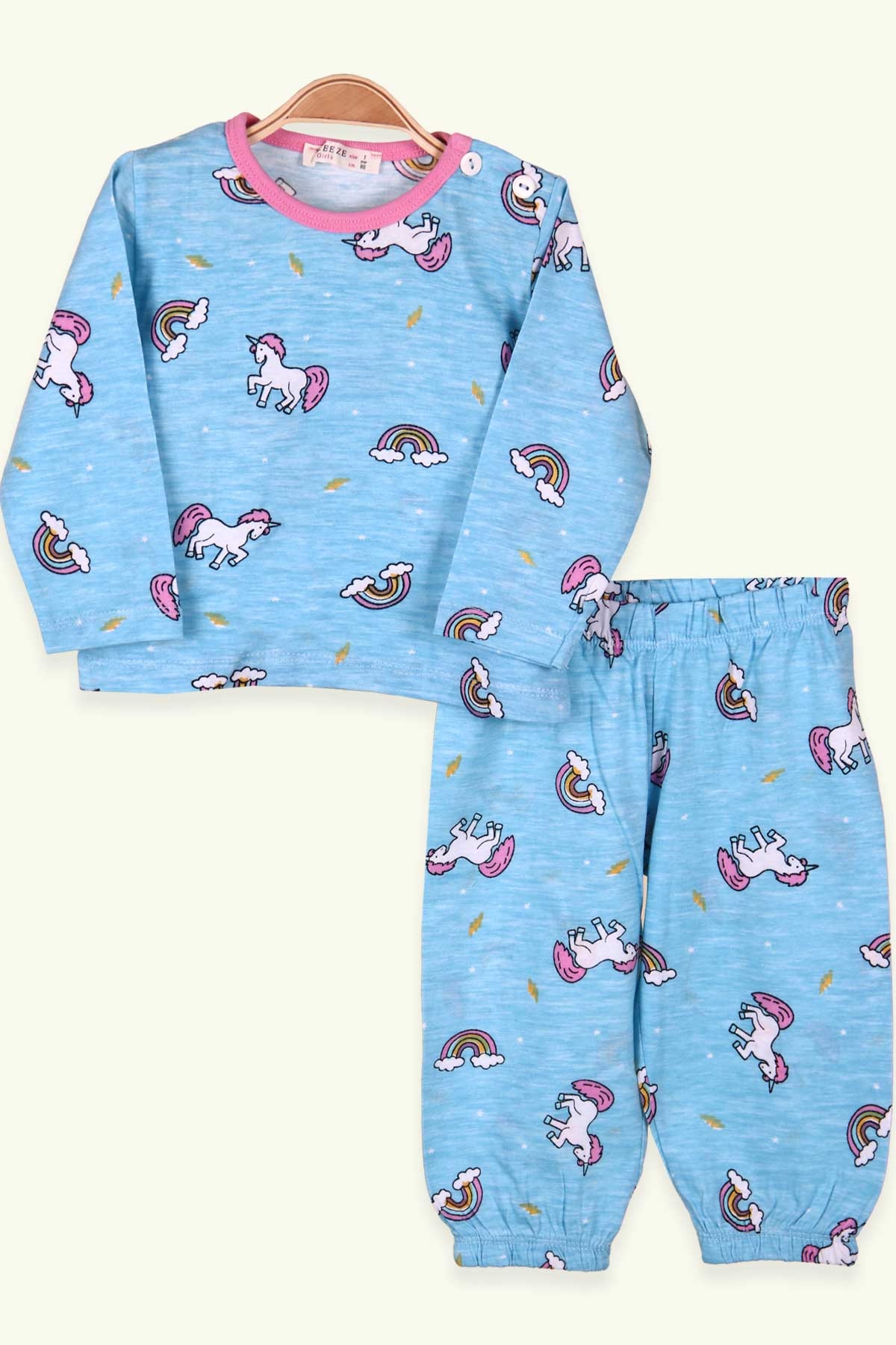 Breeze Kız Çocuk Pijama Takımı Unicorn Desenli Bebe Mavisi (1-4 Yaş)