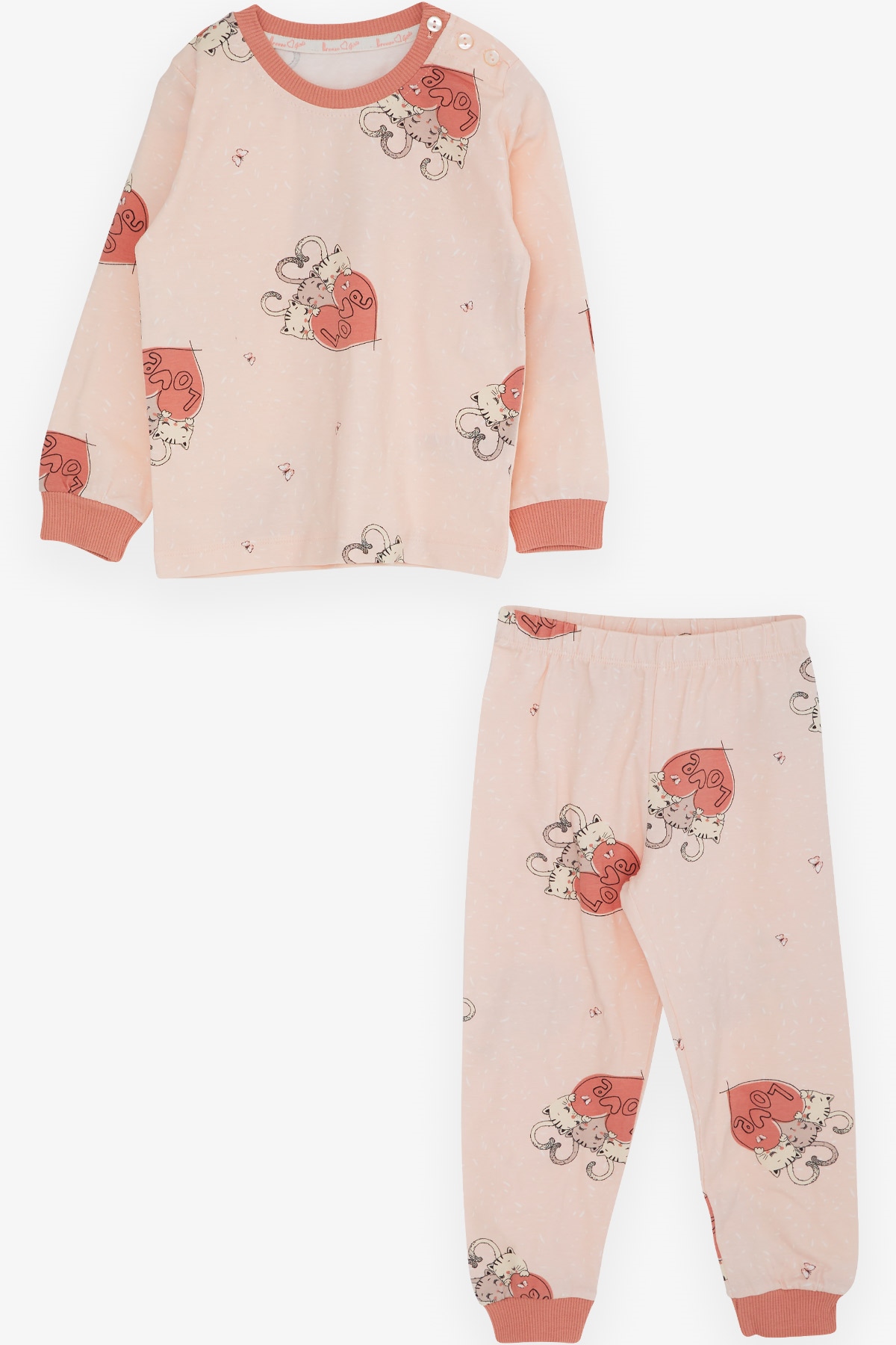 Breeze Kız Çocuk Pijama Takımı Uykucu Kedicikler Desenli Pudra (1.5-5 Yaş)