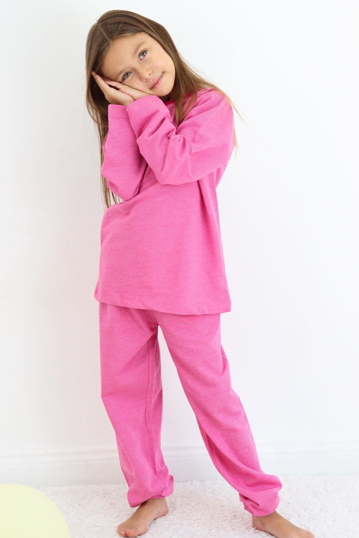 Breeze Kız Çocuk Pijama Takımı Verev Çizgi Desenli Pembe (4-8 Yaş)