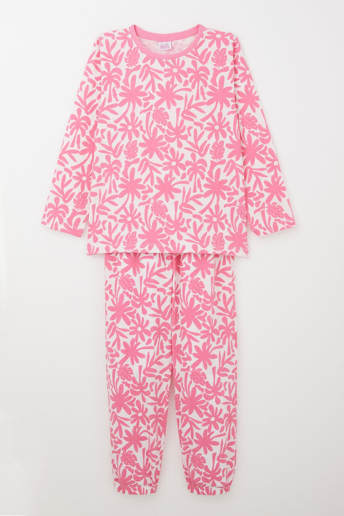 Breeze Kız Çocuk Pijama Takımı Yaprak & Çiçek Desenli Pembe (9-12 Yaş)