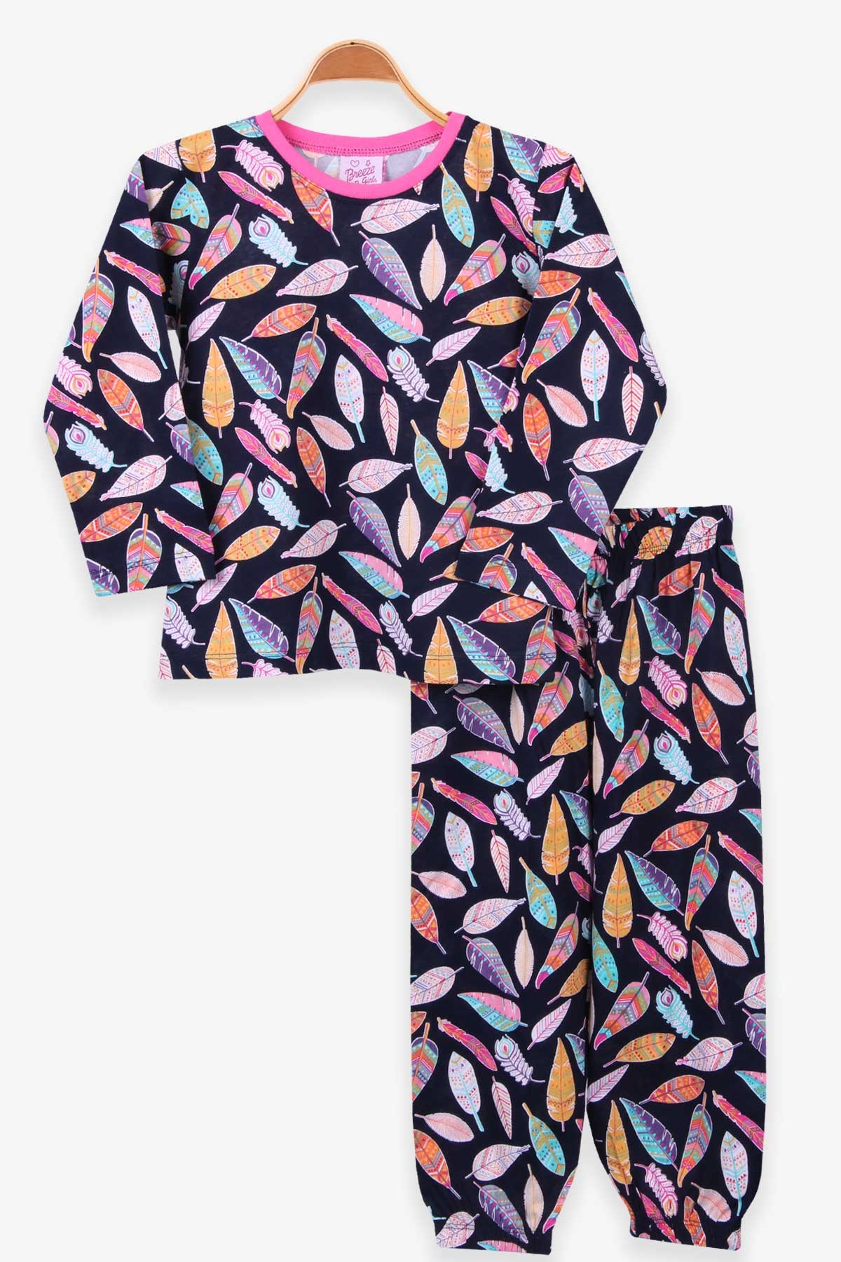 Breeze Kız Çocuk Pijama Takımı Yapraklı Lacivert (4-8 Yaş)
