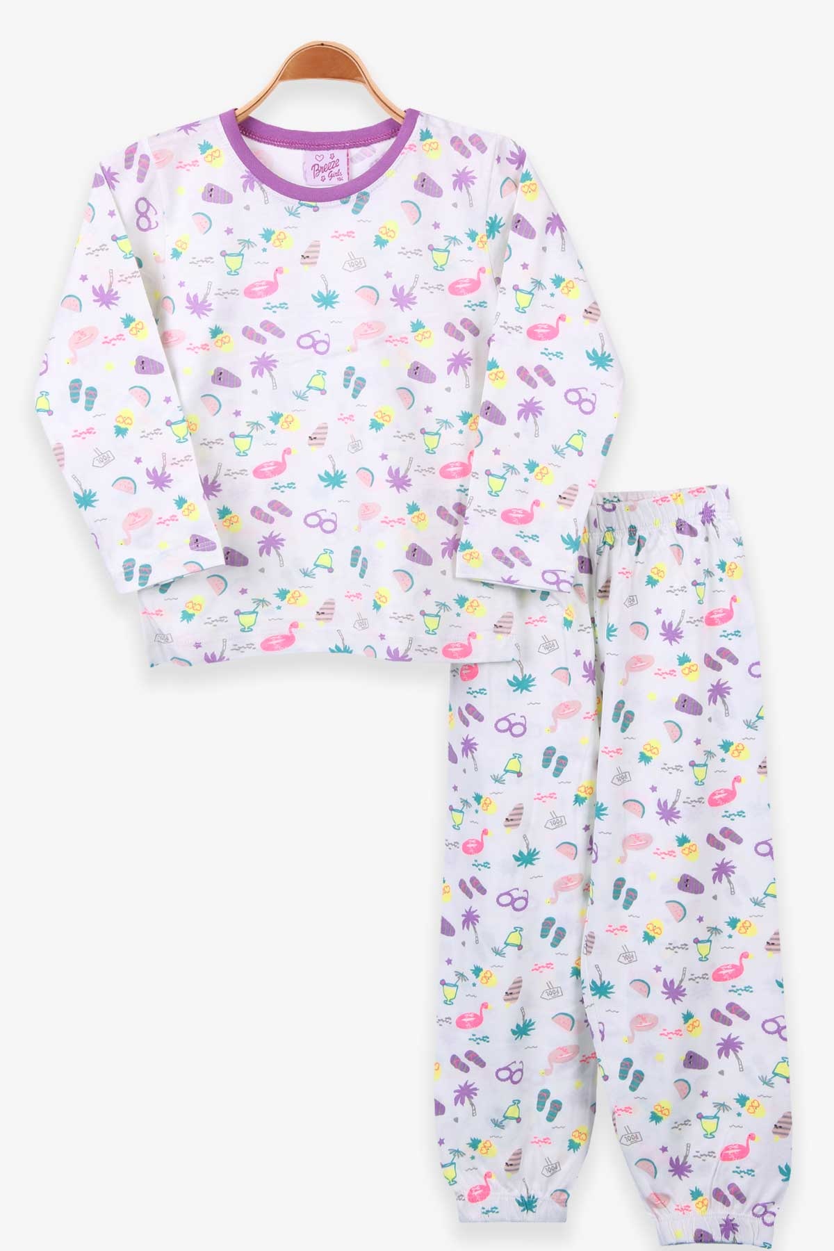 Breeze Kız Çocuk Pijama Takımı Yaz Temalı Ekru (4-8 Yaş)