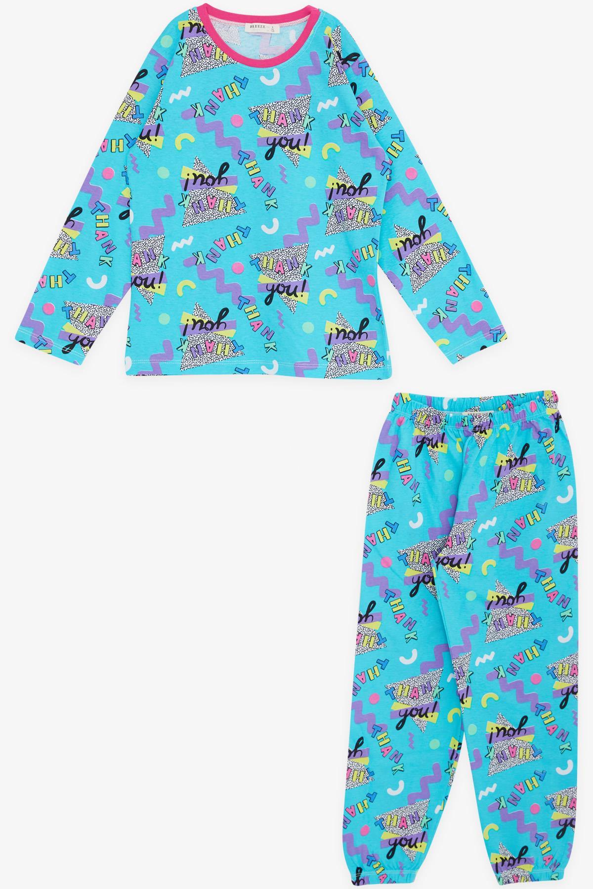 Breeze Kız Çocuk Pijama Takımı Yazı Desenli Mavi (4-8 Yaş)