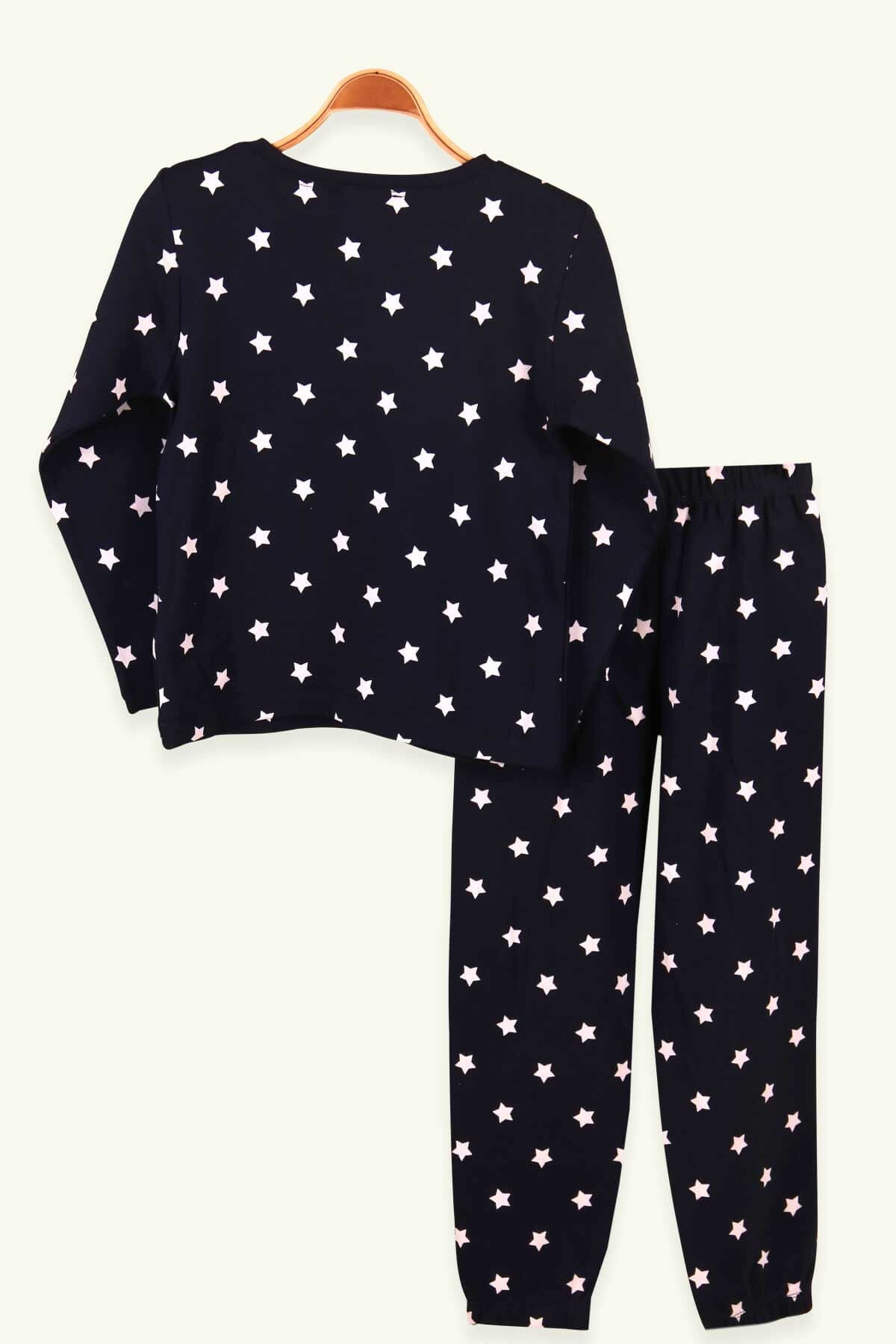 Kız Çocuk Pijama Takımı Yıldız Desenli Lacivert (8 Yaş)