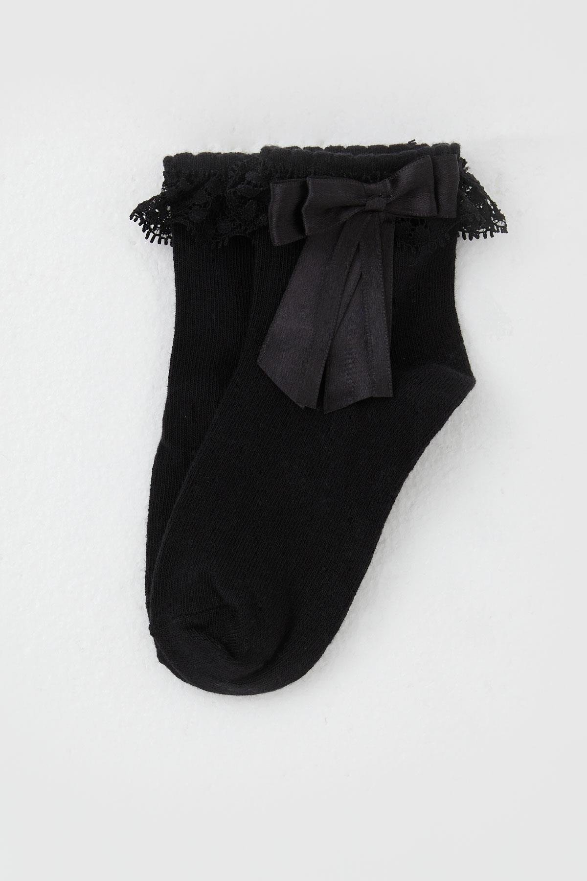 Breeze Kız Çocuk Soket Çorap Dantelli Fiyonk Detaylı Siyah (3-12 Yaş)