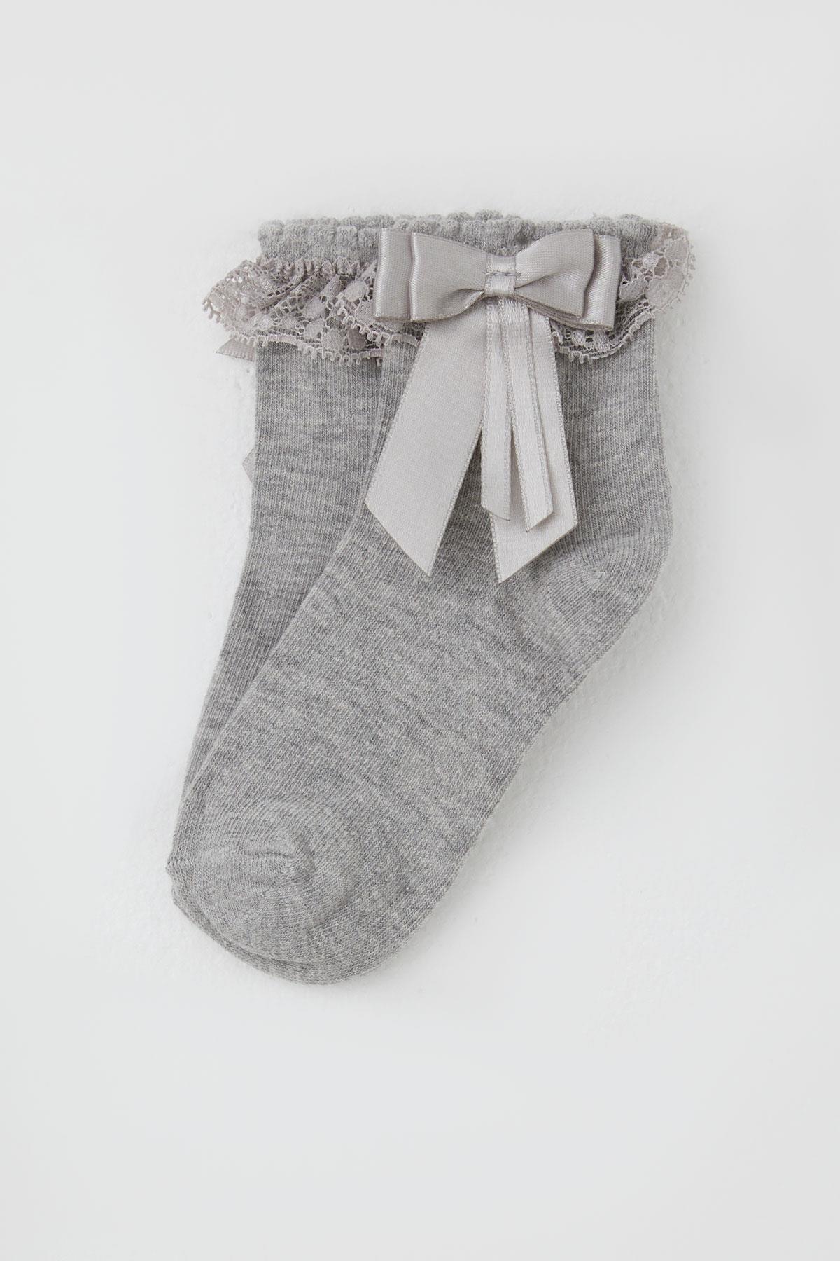 Breeze Kız Çocuk Soket Çorap Dantelli Fiyonk Detaylı Gri Melanj (3-12 Yaş)