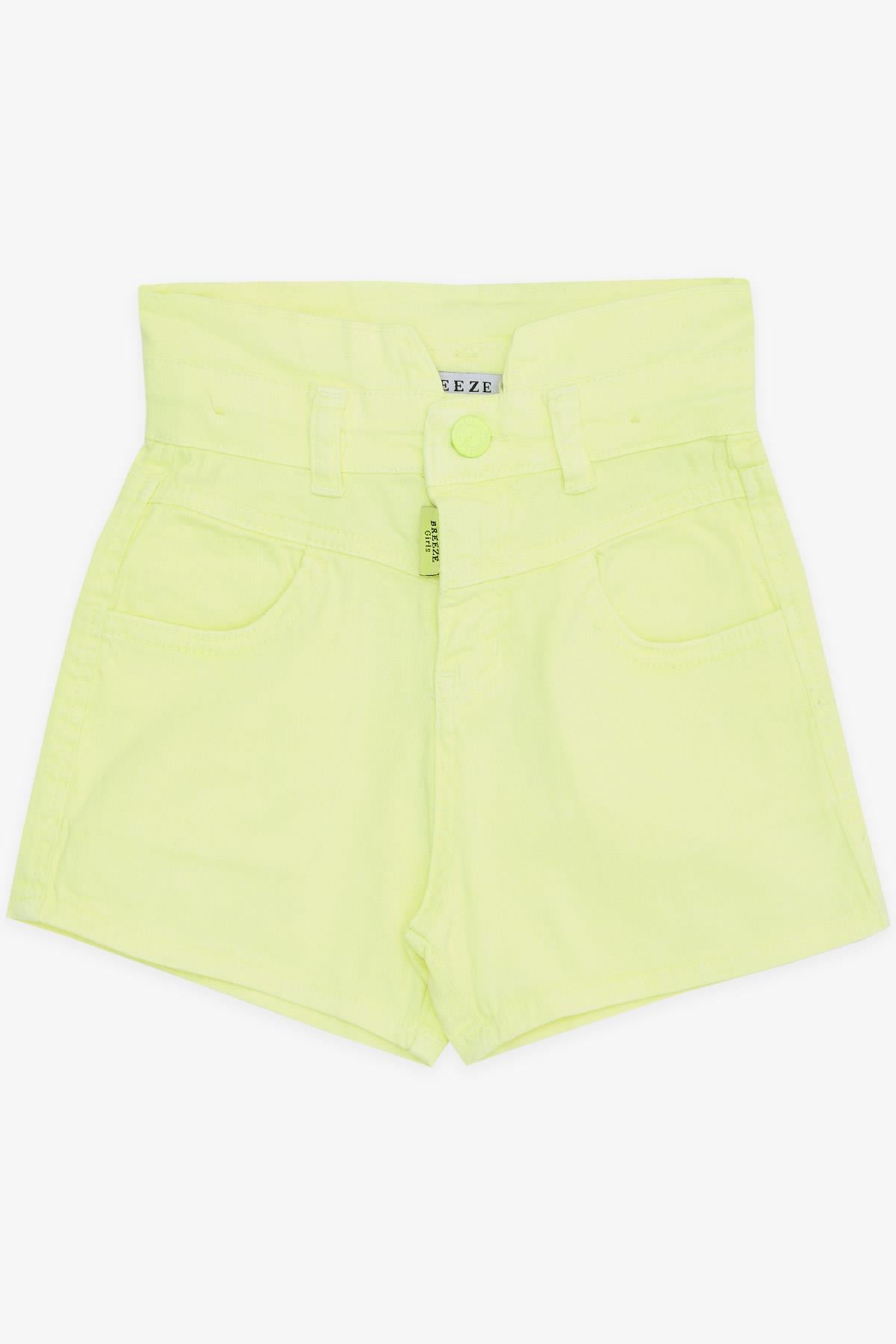 Breeze Kız Çocuk Şort Düğmeli Cepli Neon Sarı (8-14 Yaş)