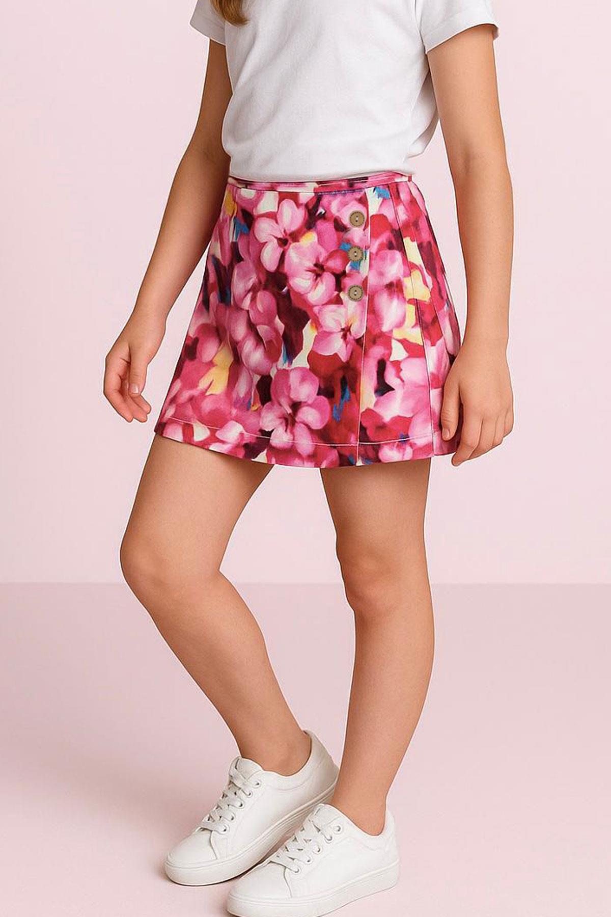 Breeze Kız Çocuk Şort Etek Çiçek Desenli Düğme Aksesuarlı Karışık Renk (6-12 Yaş)