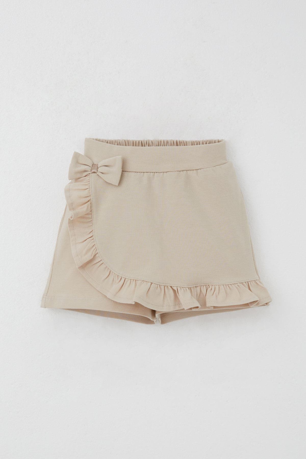 Breeze Kız Çocuk Şort Etek Fiyonk Aksesuarlı Fırfırlı Bej (3-8 Yaş)