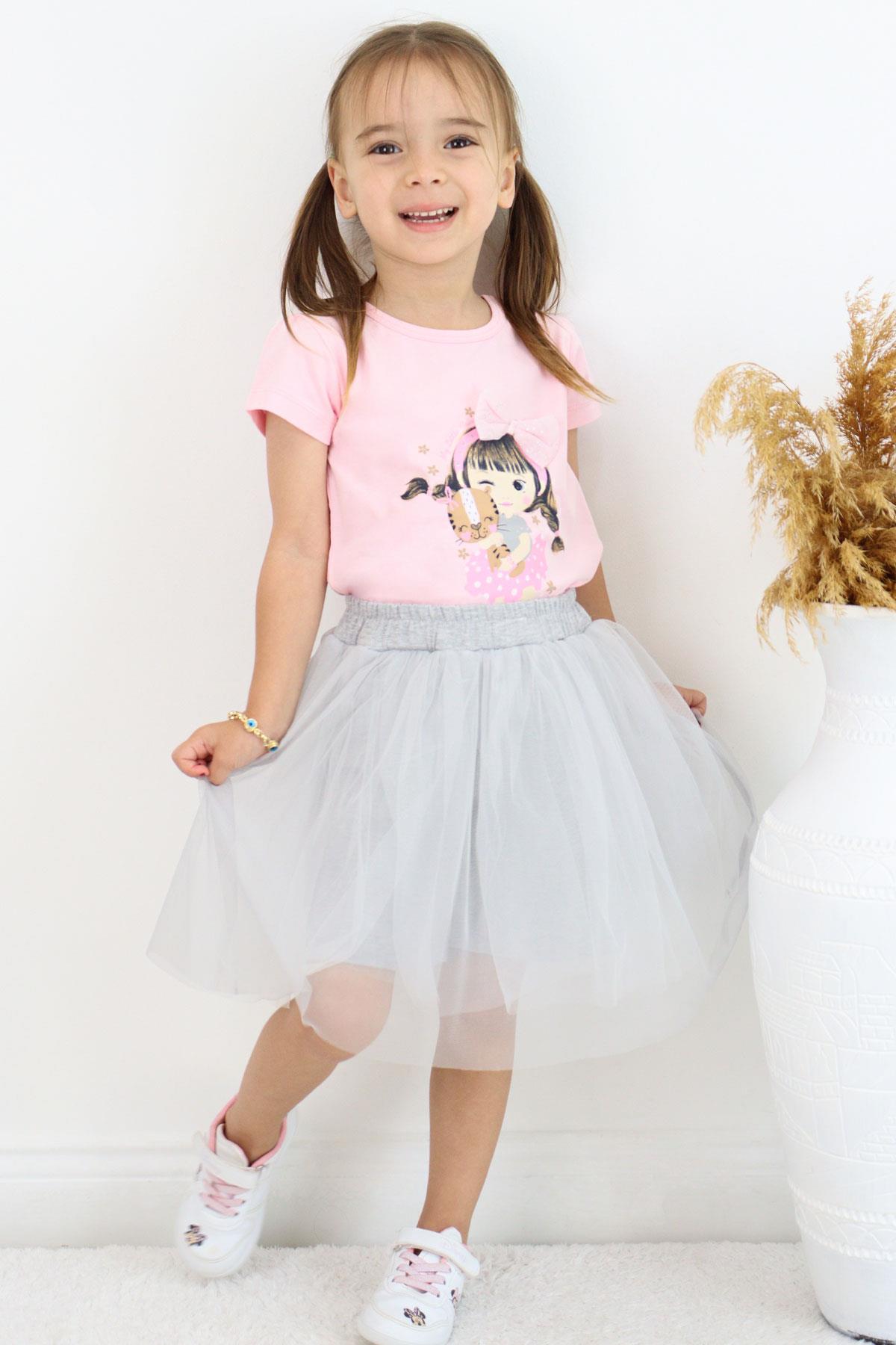 Breeze Kız Çocuk Şort Etek İkili Takım Hayvan Sevgisi Temalı Kız Baskılı Fiyonk Aksesuarlı Pembe (2-6 Yaş)