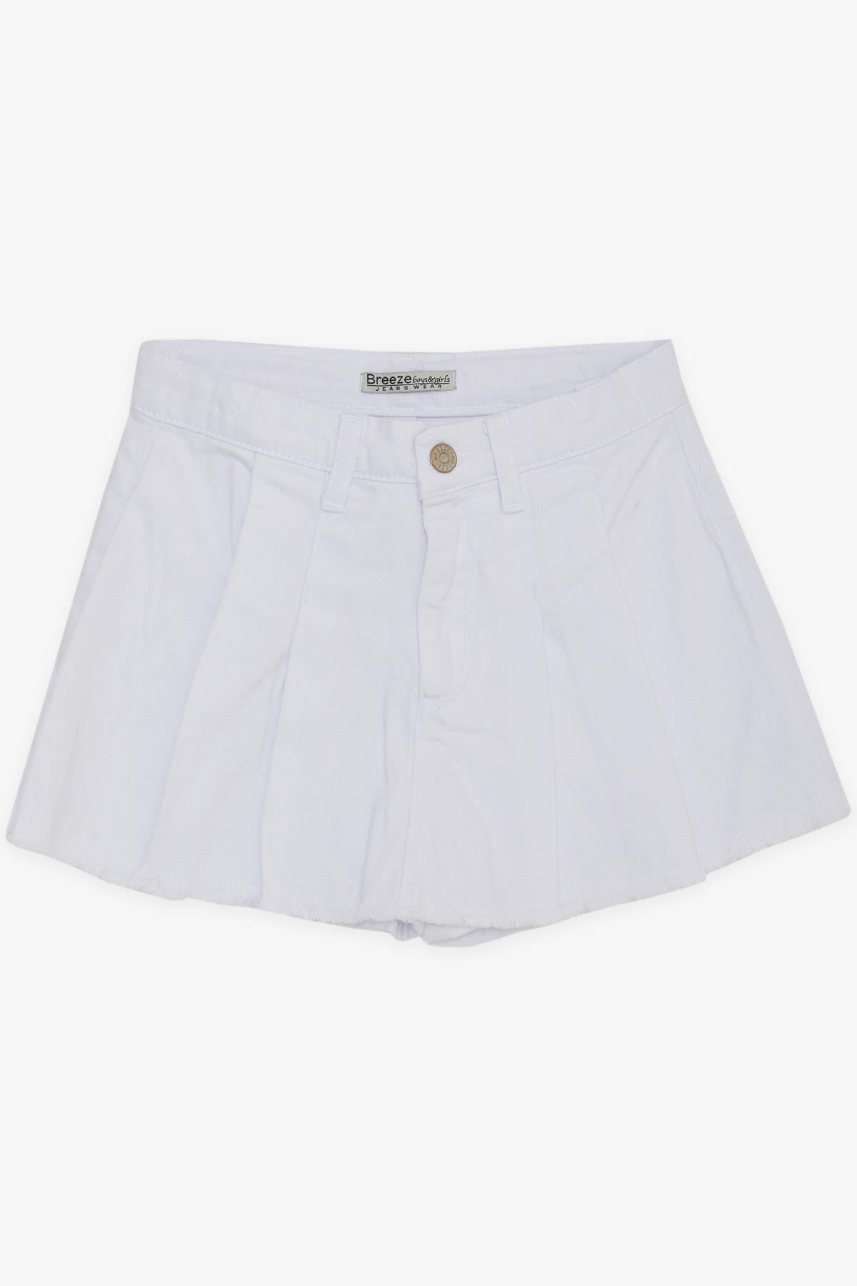 Breeze Kız Çocuk Şort Etek Kot Püsküllü Düğmeli Beyaz (10-14 Yaş)
