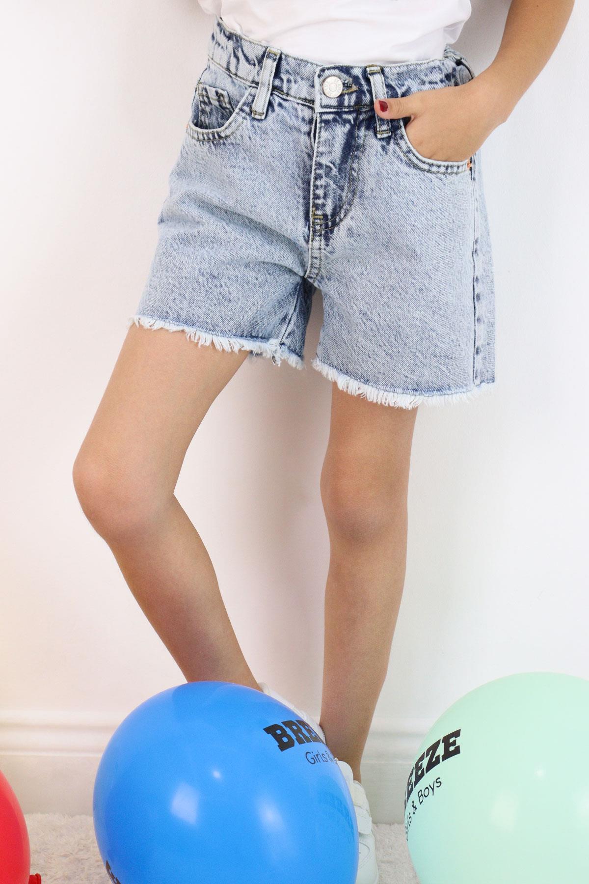Breeze Kız Çocuk Şort Jean Cepli Paçası Püskül Detaylı Açık Mavi (5-9 Yaş)