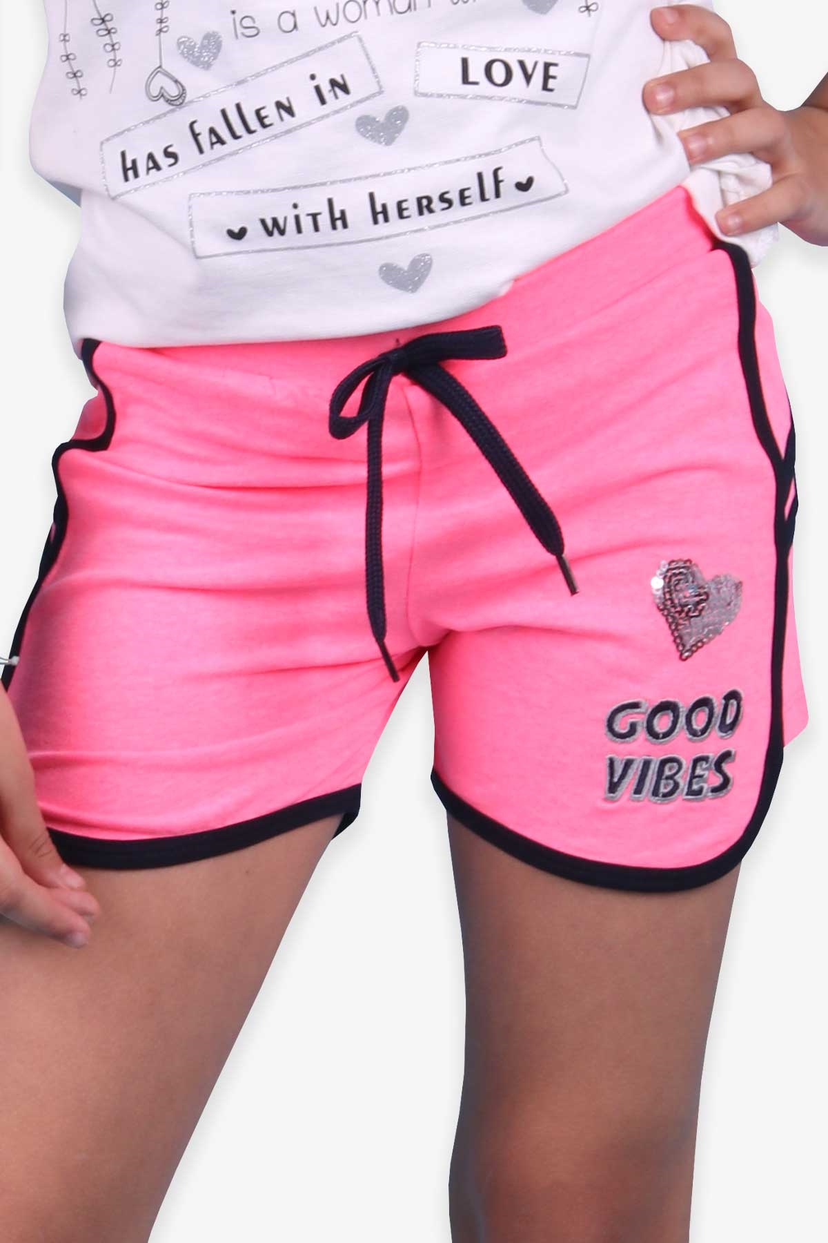 Breeze Kız Çocuk Şort Kalpli Neon Pembe (8-12 Yaş)