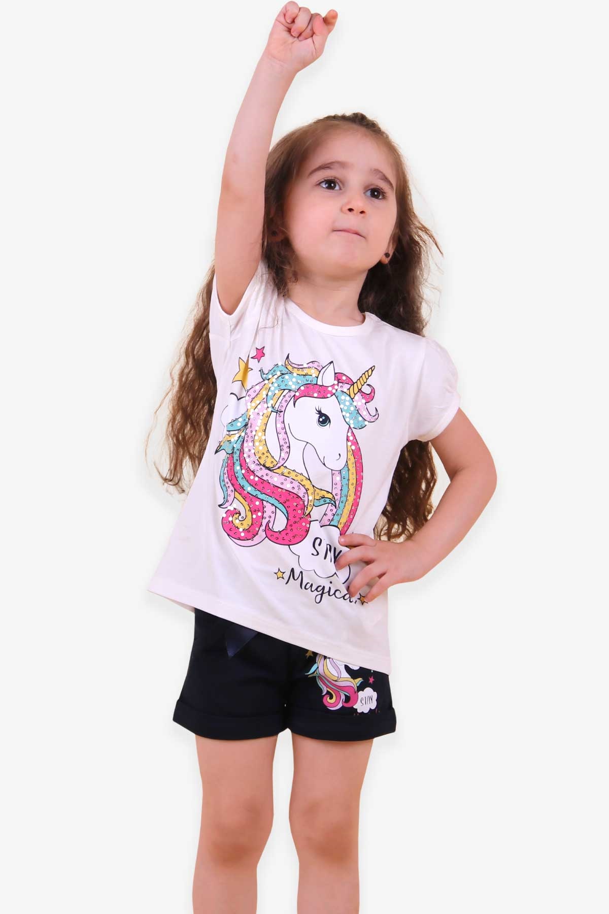 Breeze Kız Çocuk Şort Takım Unicornu Pullu Ekru (3-4 Yaş)