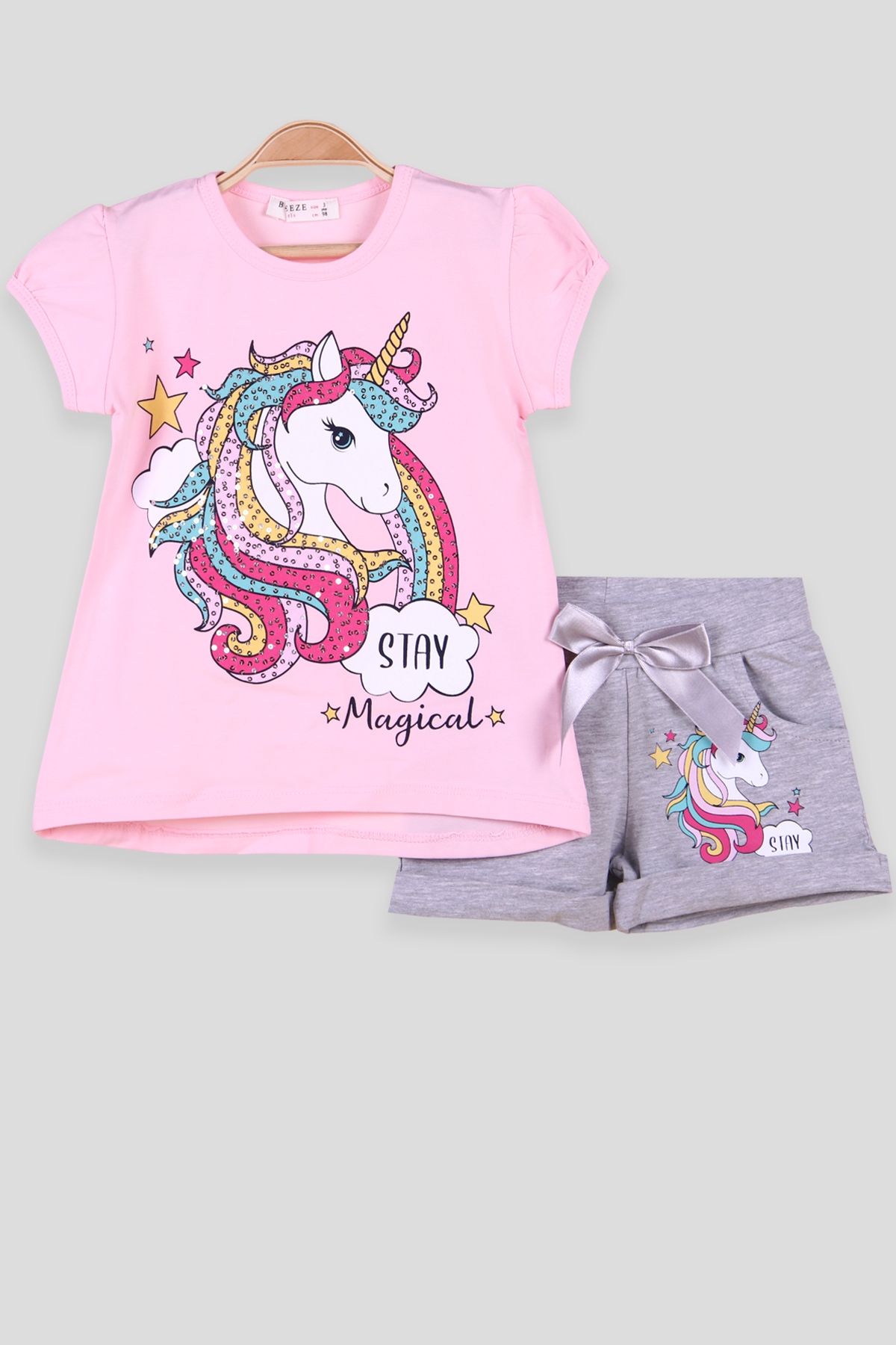 Breeze Kız Çocuk Şort Takım Unicornu Pullu Pembe (3-8 Yaş)