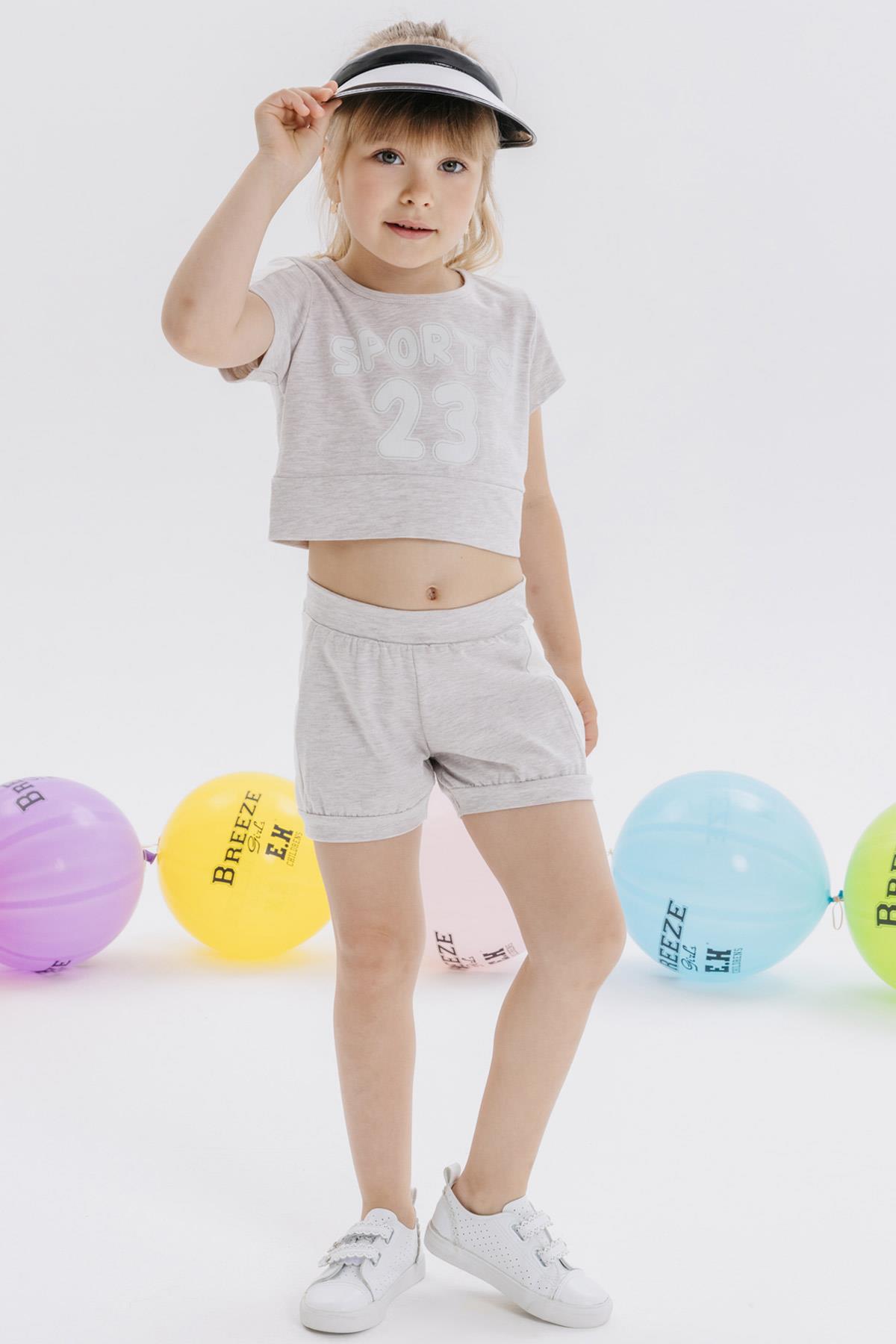 Breeze Kız Çocuk Şortlu Crop Takım Yazı Baskılı Bej Melanj (8 Yaş)