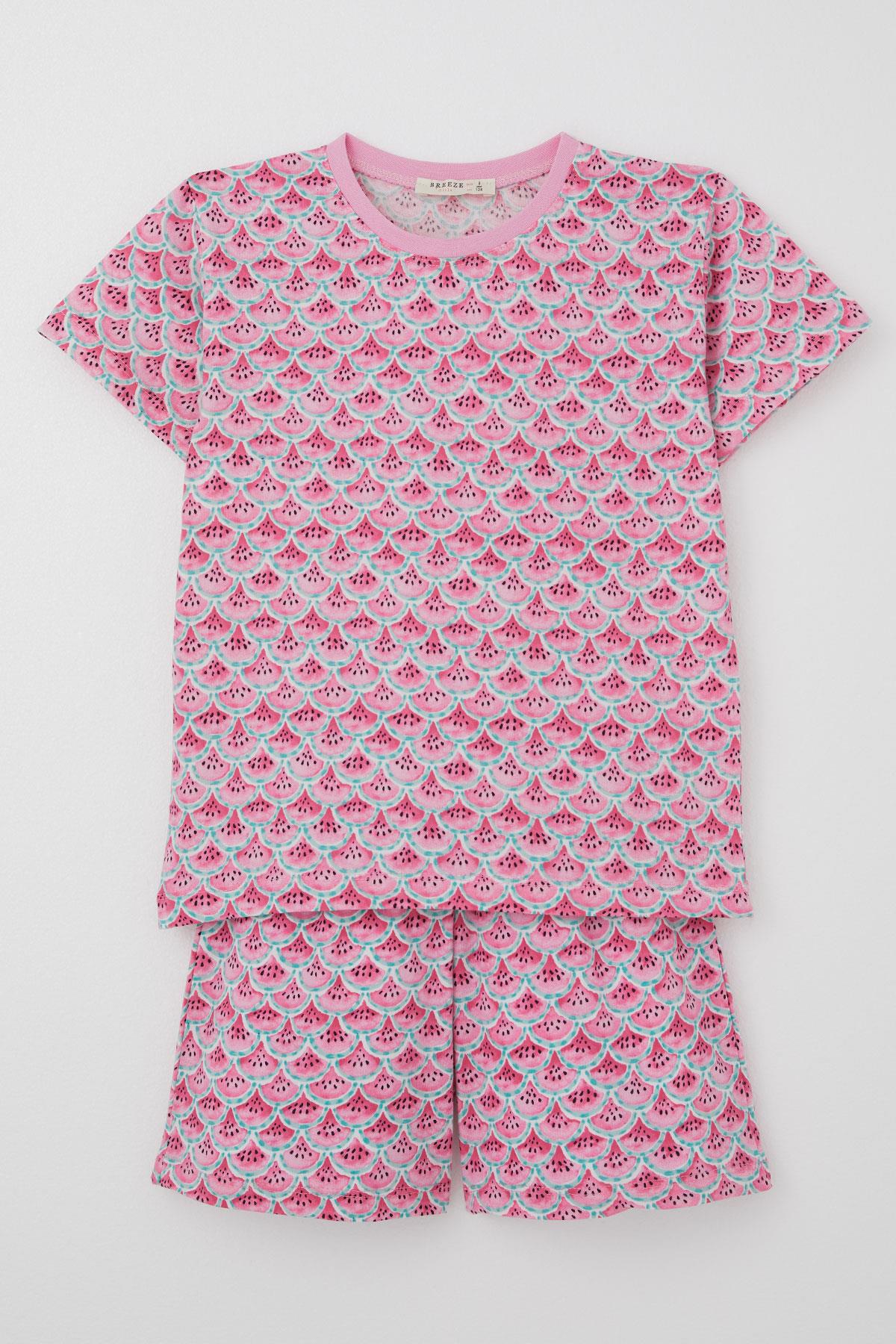 Breeze Kız Çocuk Şortlu Pijama Takım Karpuz Dilim Desenli Pembe (4-8 Yaş)