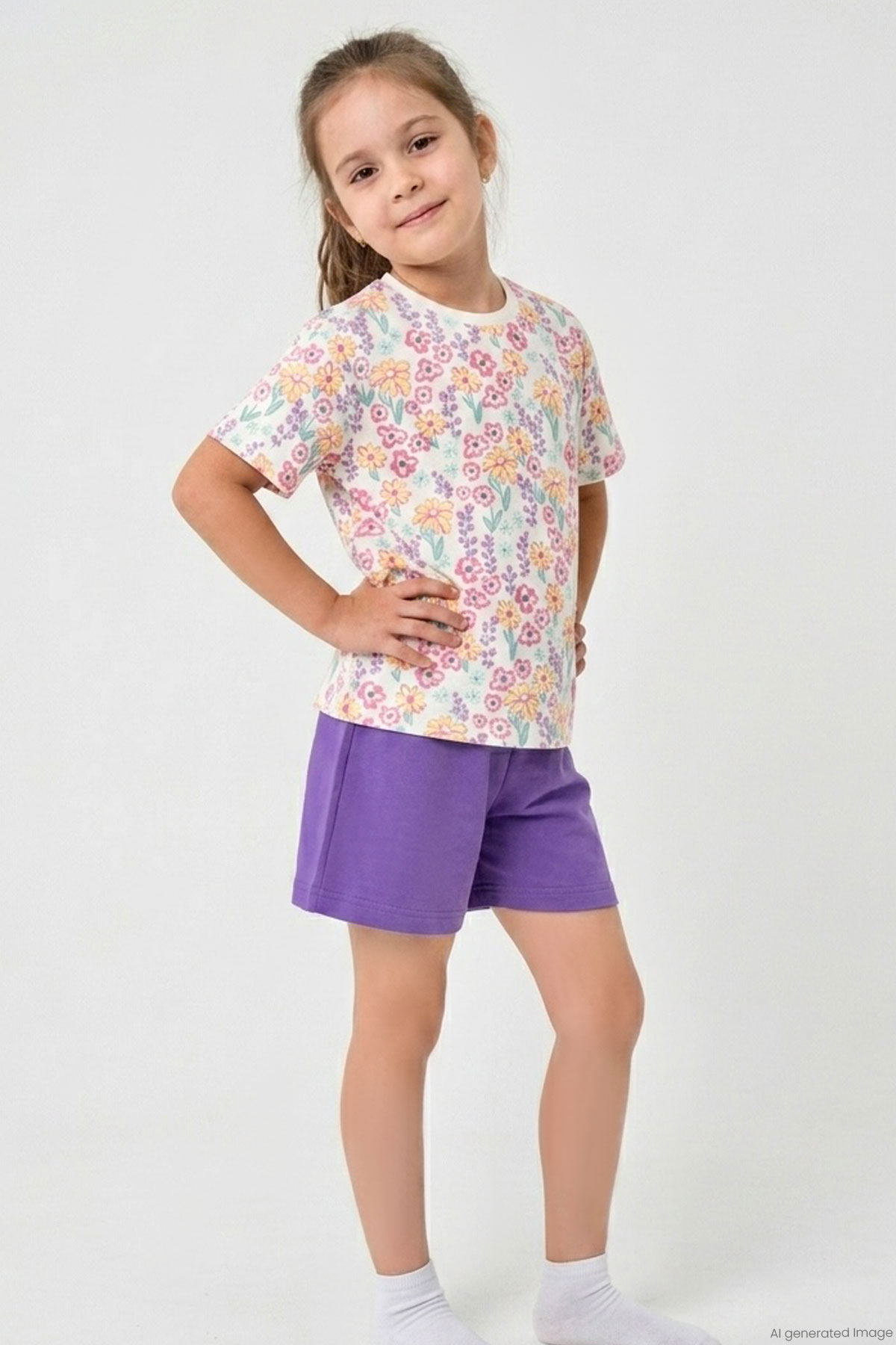 Breeze Kız Çocuk Şortlu Pijama Takımı Renkli Çiçek Desenli Beyaz (4-8 Yaş)