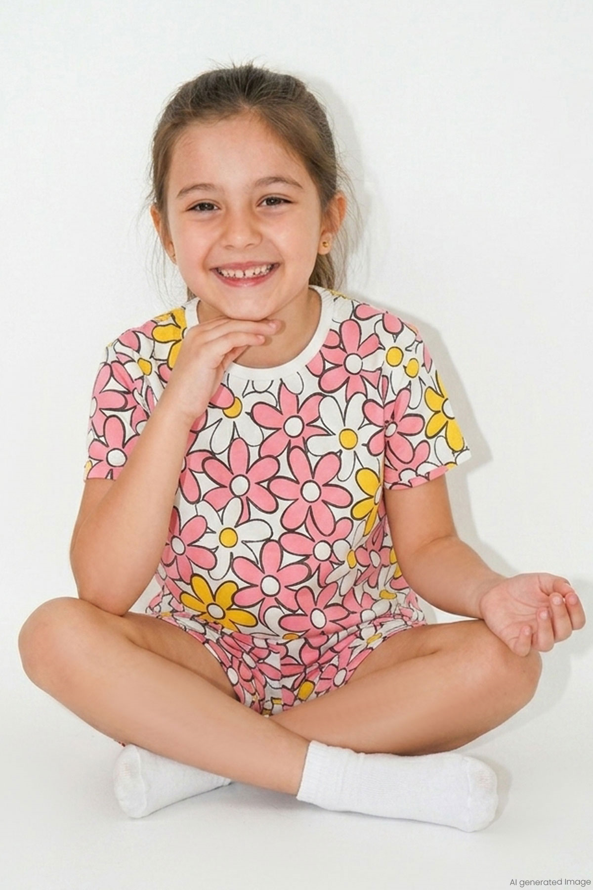 Breeze Kız Çocuk Şortlu Pijama Takımı Renkli Papatya Desenli Karışık Renk (4-7 Yaş)