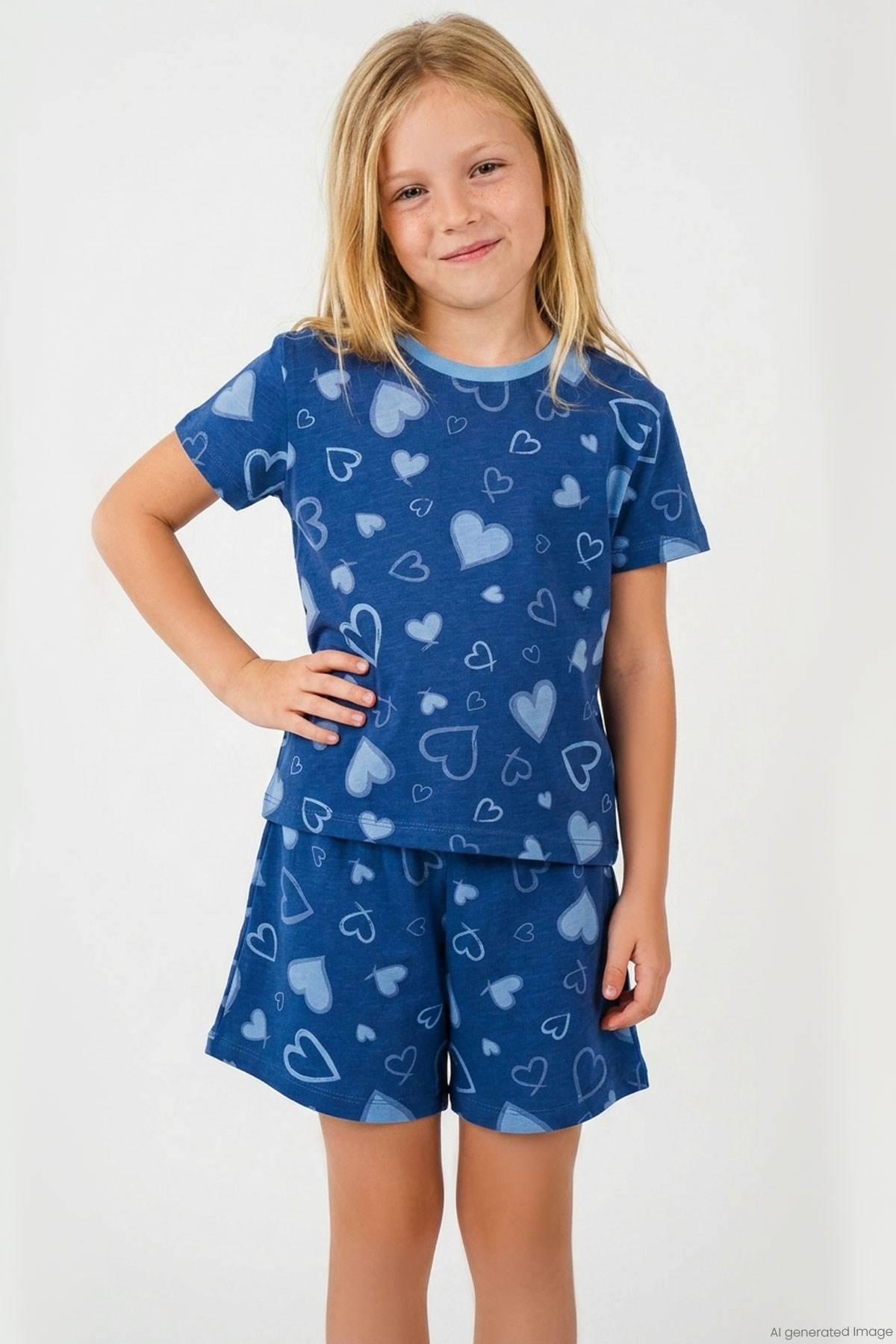Breeze Kız Çocuk Şortlu Pijama Takımı Kalp Desenli İndigo (4-5 Yaş)