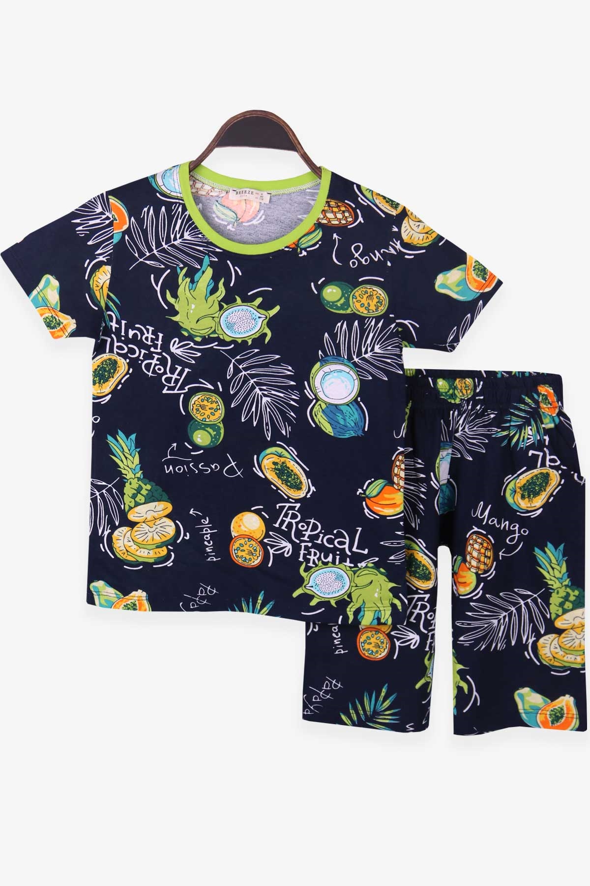 Breeze Kız Çocuk Şortlu Pijama Takımı Tropik Desenli Lacivert (6-12 Yaş)