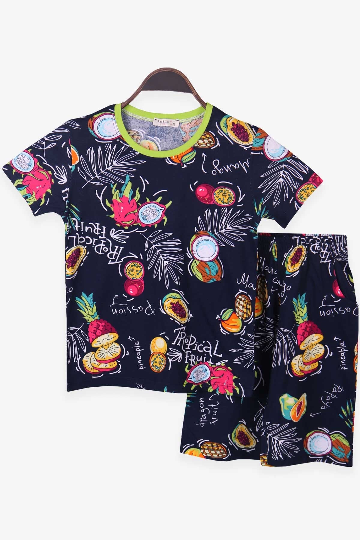 Breeze Kız Çocuk Şortlu Pijama Takımı Tropik Desenli Lacivert (6-12 Yaş)
