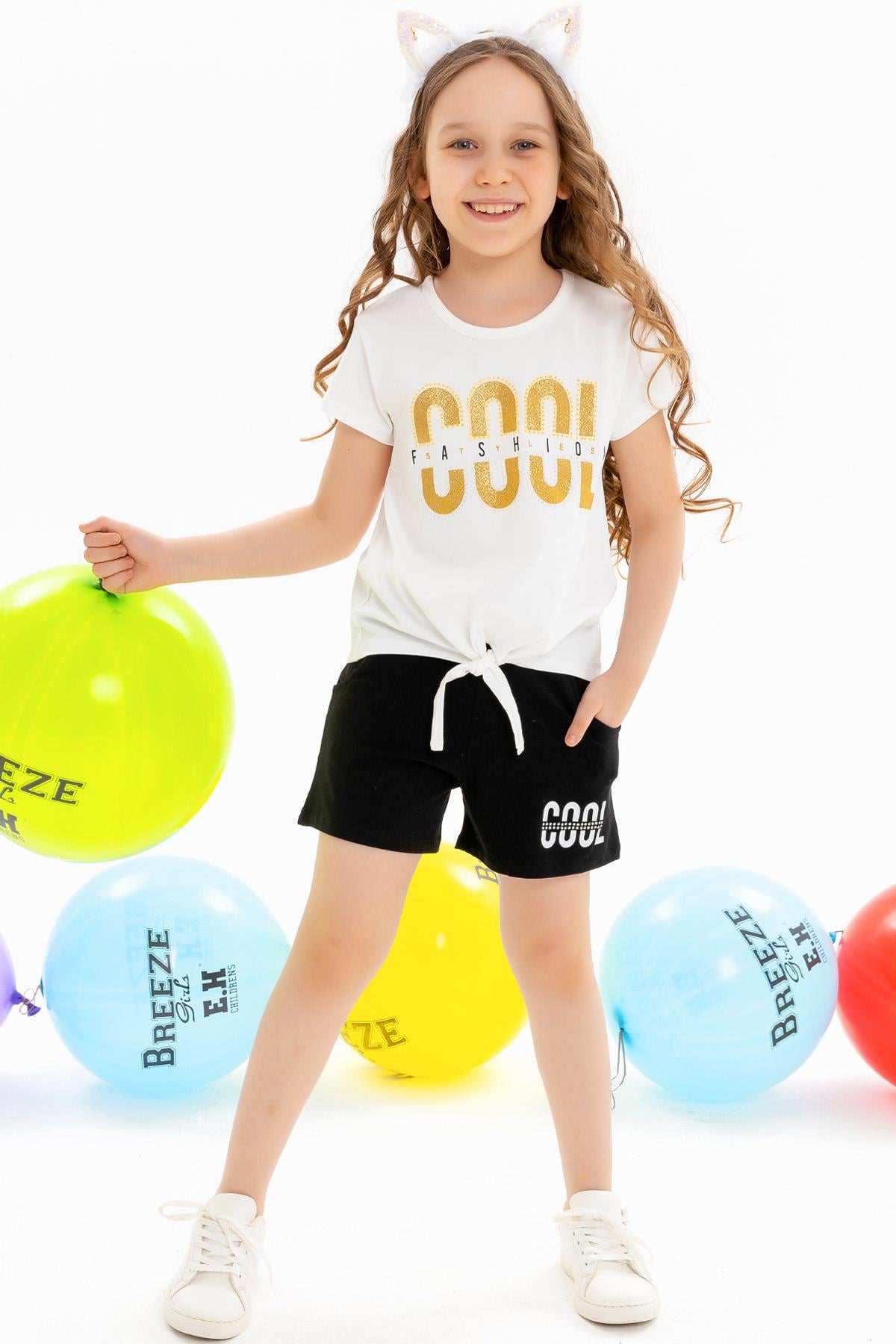 Breeze Kız Çocuk Şortlu Takım Baskılı Taşlı Ekru (8 Yaş)