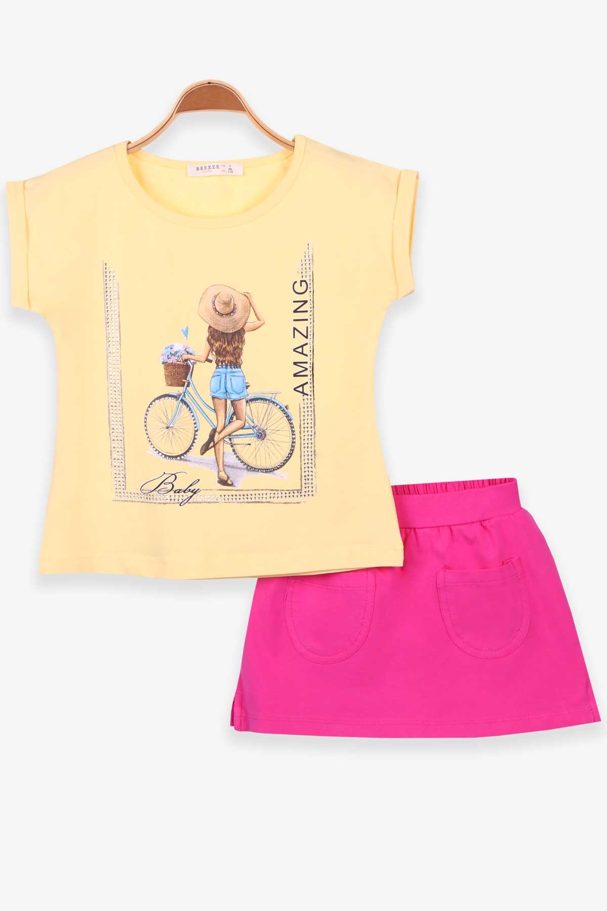 Breeze Kız Çocuk Şortlu Takım Bisikletli Kız Baskılı Sarı (5-10 Yaş)