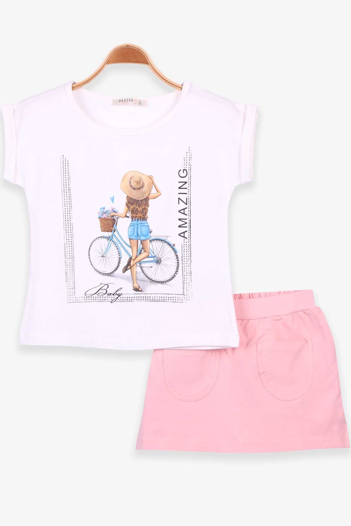 Breeze Kız Çocuk Şortlu Takım Bisikletli Kız Baskılı Ekru (5-10 Yaş)