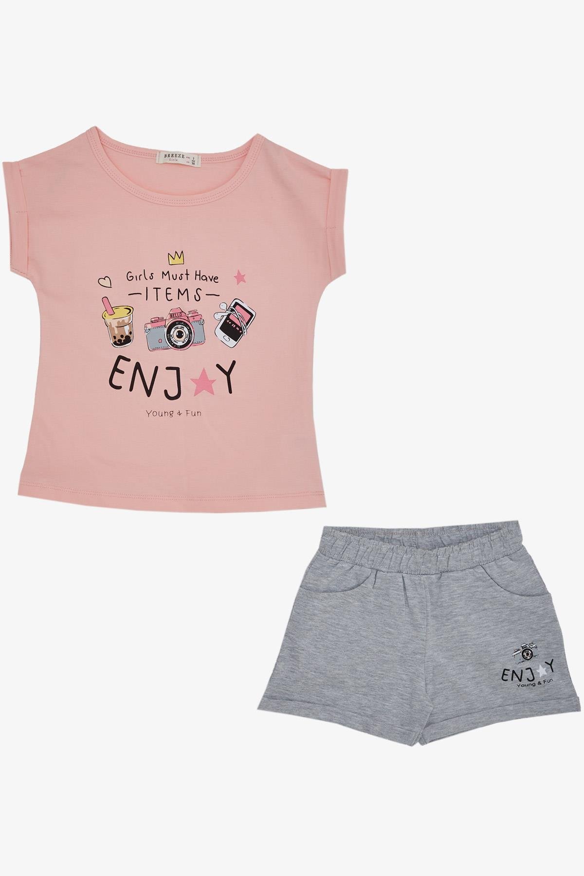 Breeze Kız Çocuk Şortlu Takım Eğlence Zamanı Somon (3-8 Yaş)