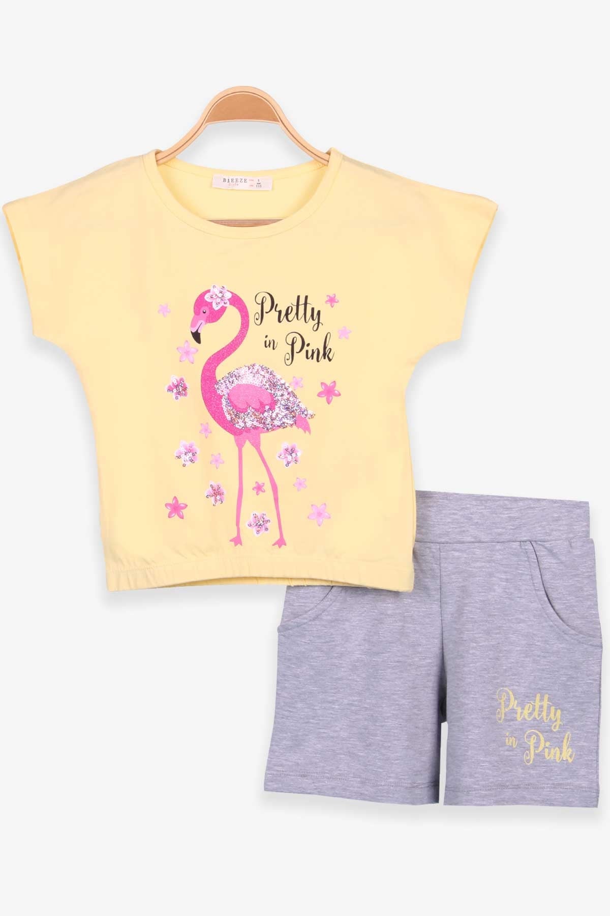Breeze Kız Çocuk Şortlu Takım Flamingo Baskılı Sarı (5-10 Yaş)