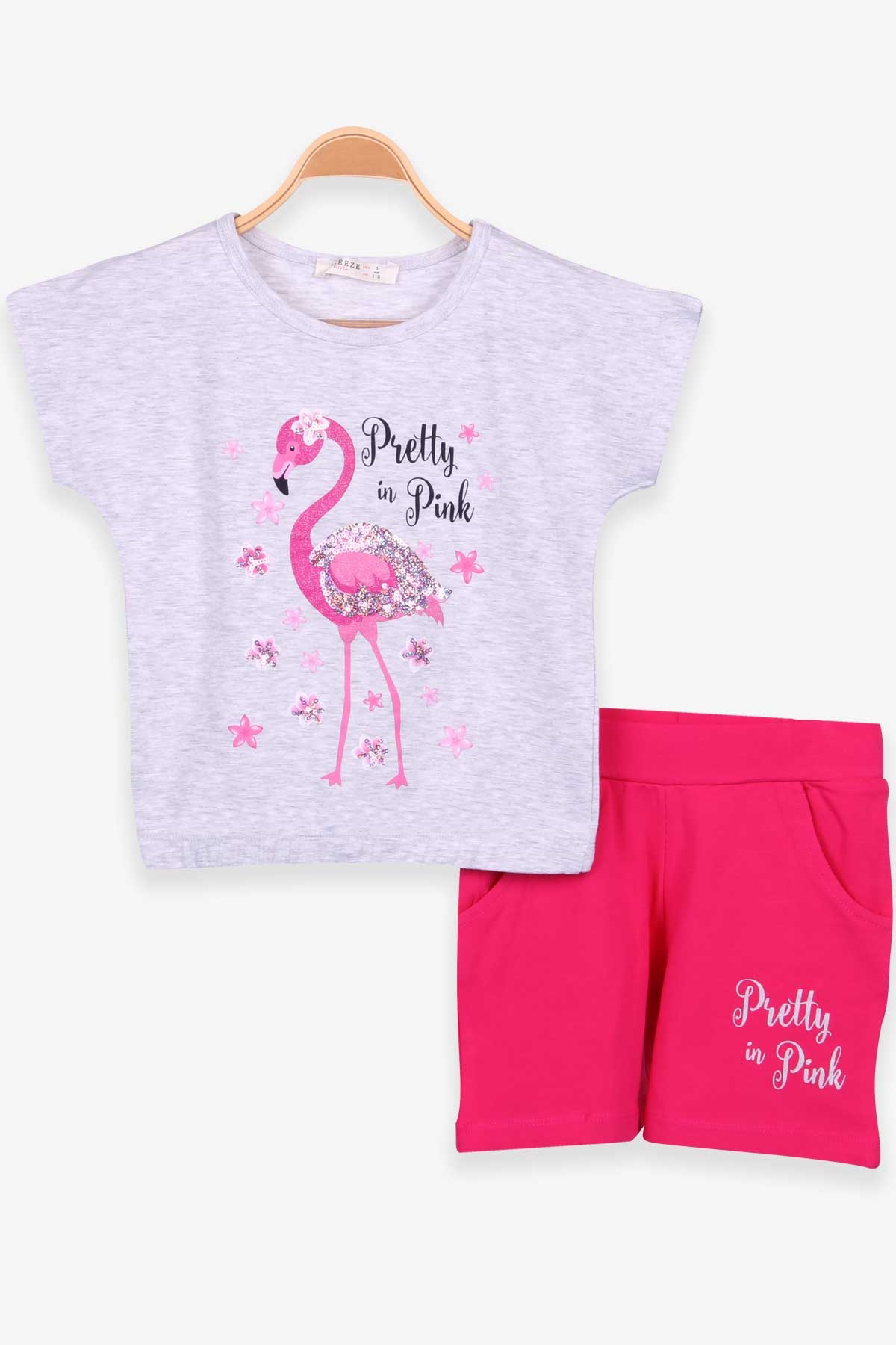 Breeze Kız Çocuk Şortlu Takım Flamingo Baskılı Gri Melanj (5-10 Yaş)