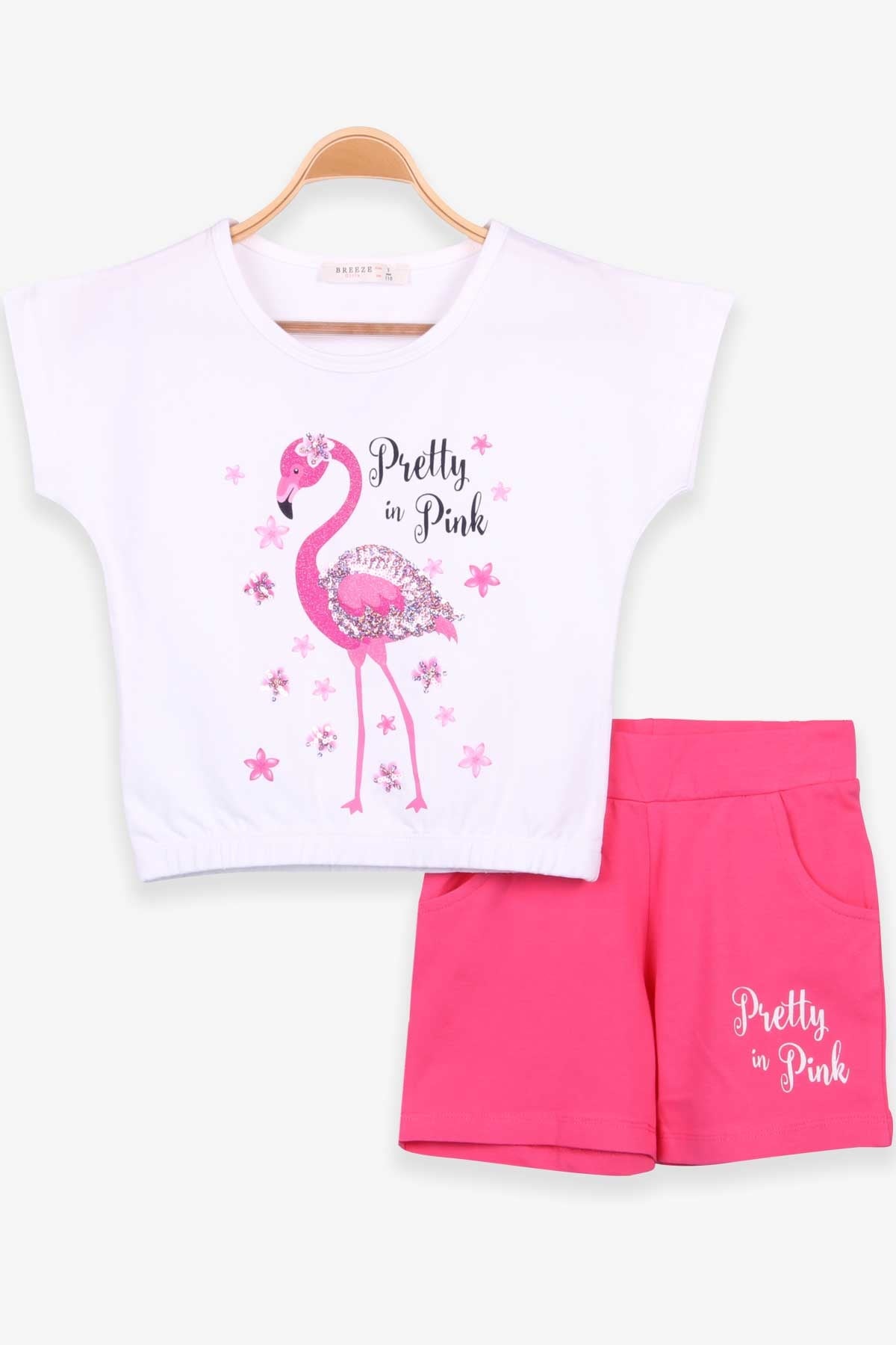 Breeze Kız Çocuk Şortlu Takım Flamingo Baskılı Ekru (5-10 Yaş)
