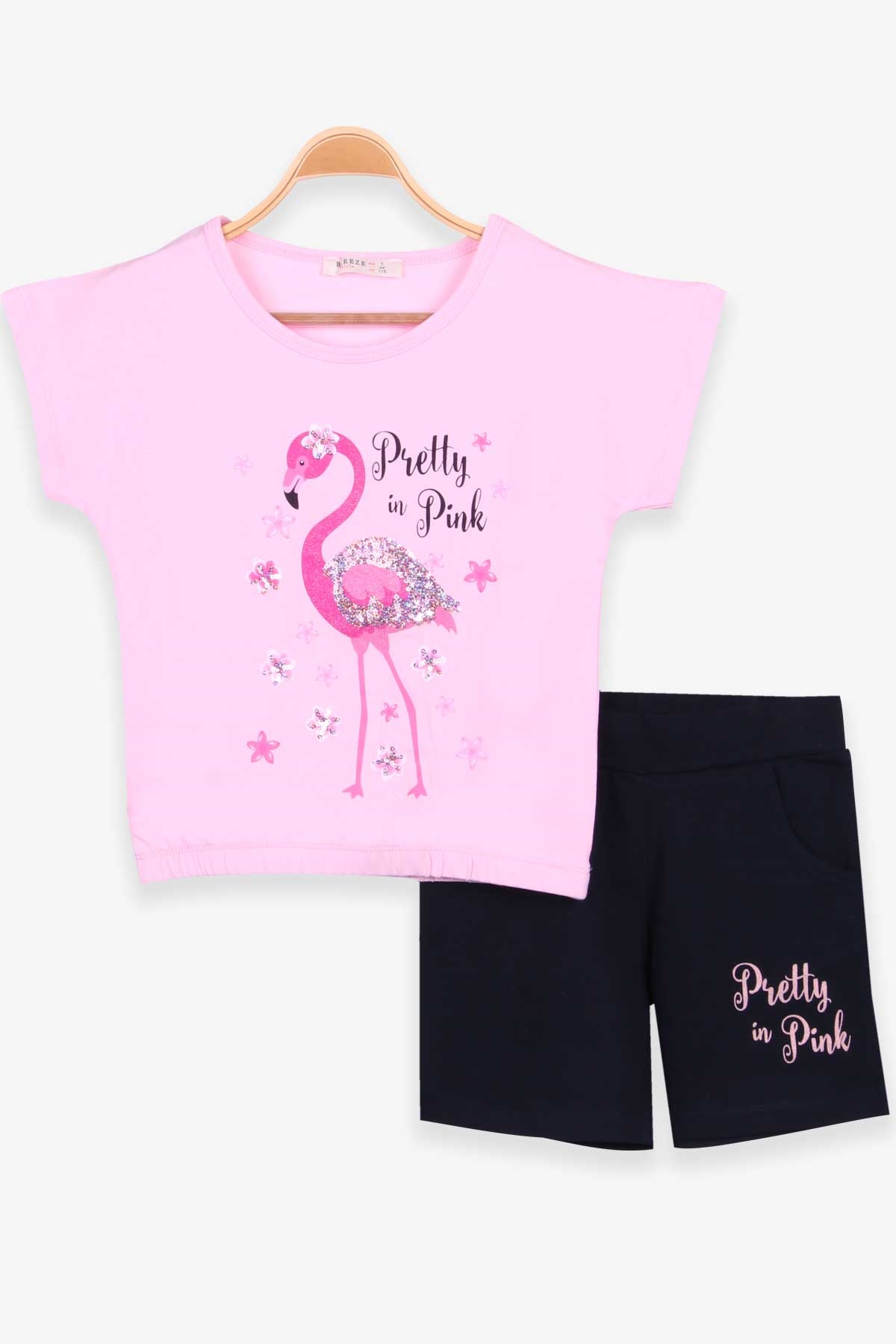 Breeze Kız Çocuk Şortlu Takım Flamingo Baskılı Pudra (5-10 Yaş)