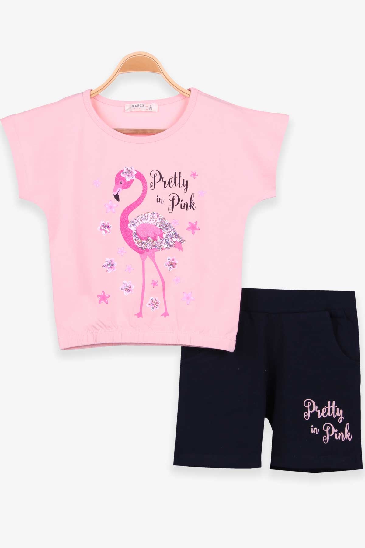 Breeze Kız Çocuk Şortlu Takım Flamingo Baskılı Somon (5-10 Yaş)