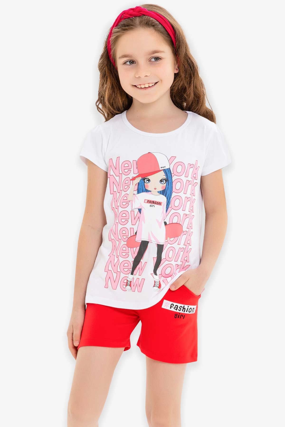 Breeze Kız Çocuk Şortlu Takım Kaykaycı Kız Baskılı Beyaz (5-10 Yaş)
