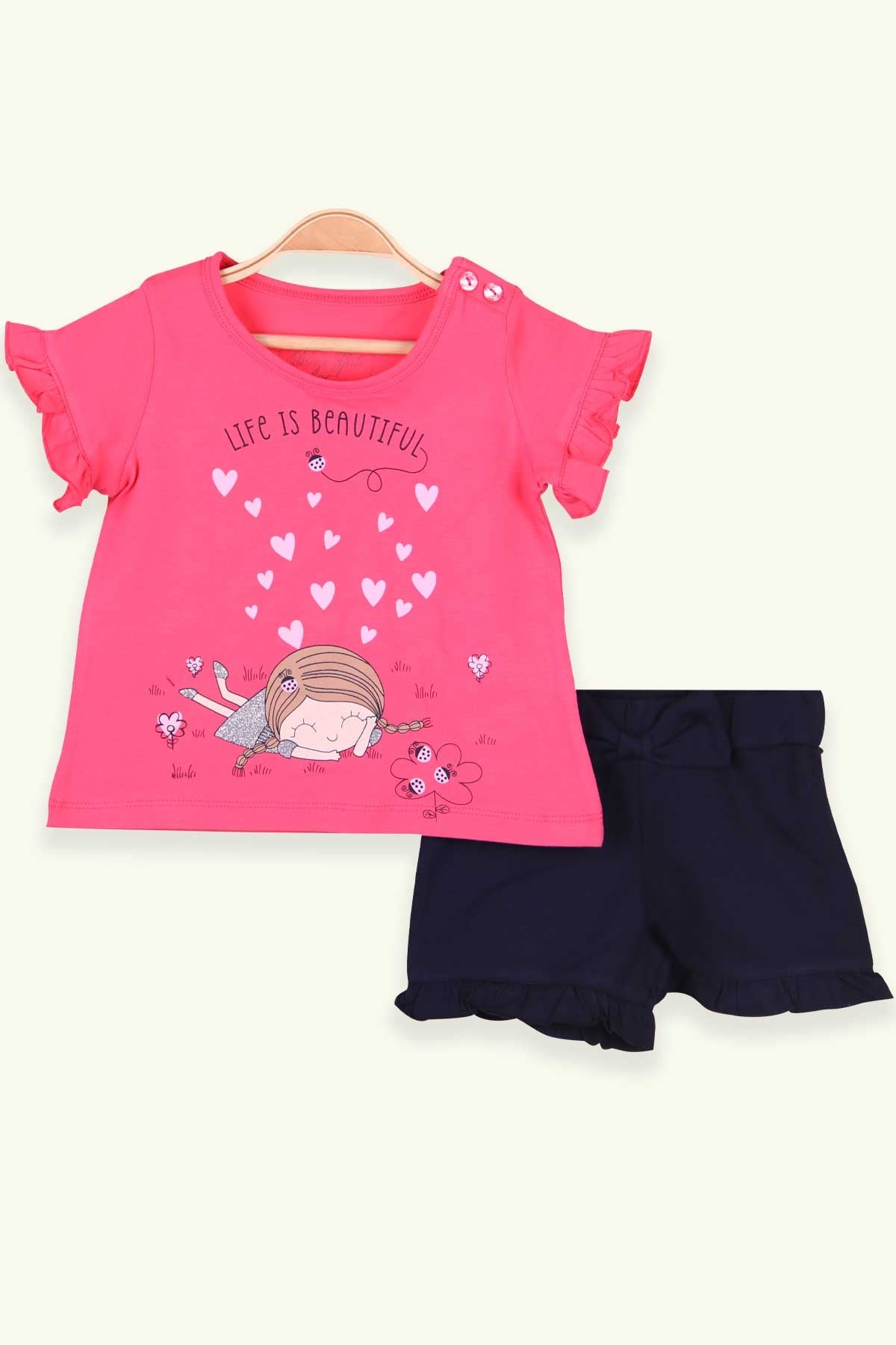 Breeze Kız Çocuk Şortlu Takım Kız Baskılı Simli Pembe (1.5-5 Yaş)
