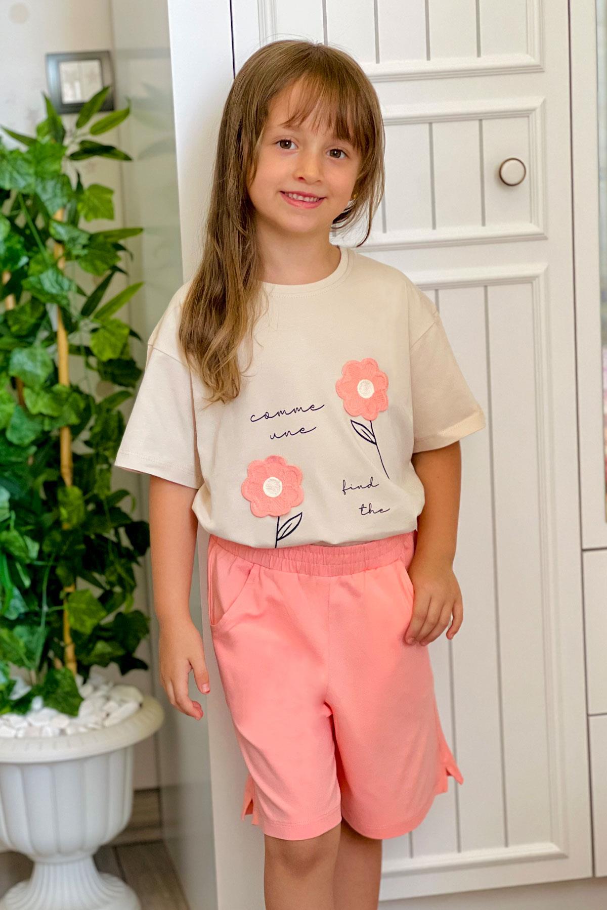 Breeze Kız Çocuk Şortlu Takım Örgü Çiçek İşlemeli Bej (6-12 Yaş)