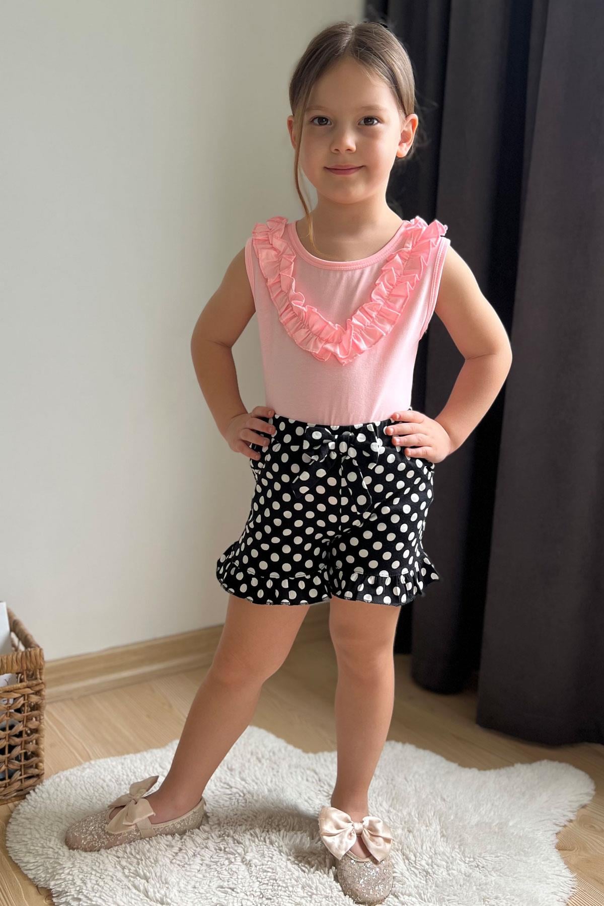 Breeze Kız Çocuk Şortlu Takım Puantiyeli Fiyonklu Fırfırlı Neon Pembe (4-8 Yaş)
