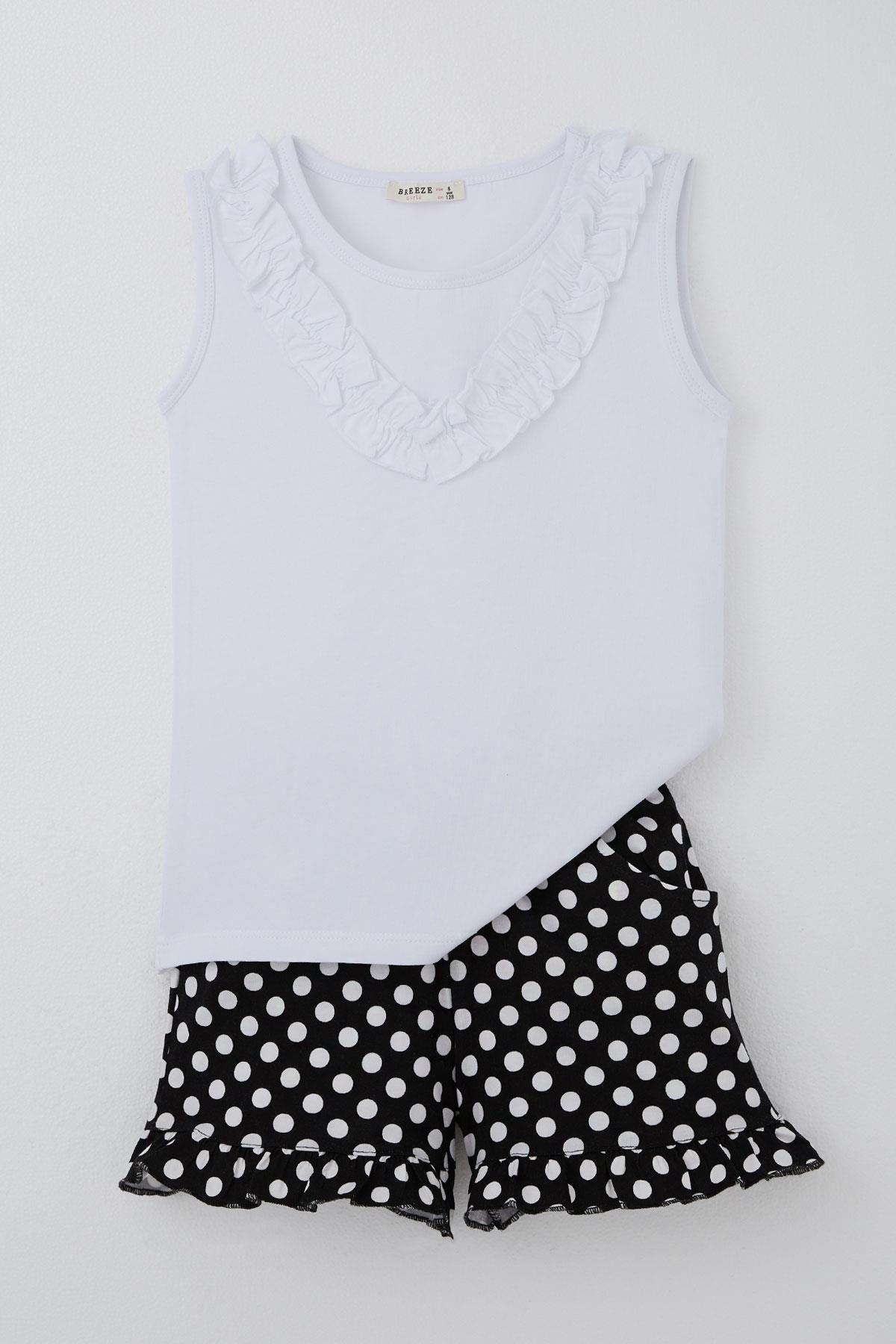 Breeze Kız Çocuk Şortlu Takım Puantiyeli Fiyonklu Fırfırlı Beyaz (4-8 Yaş)